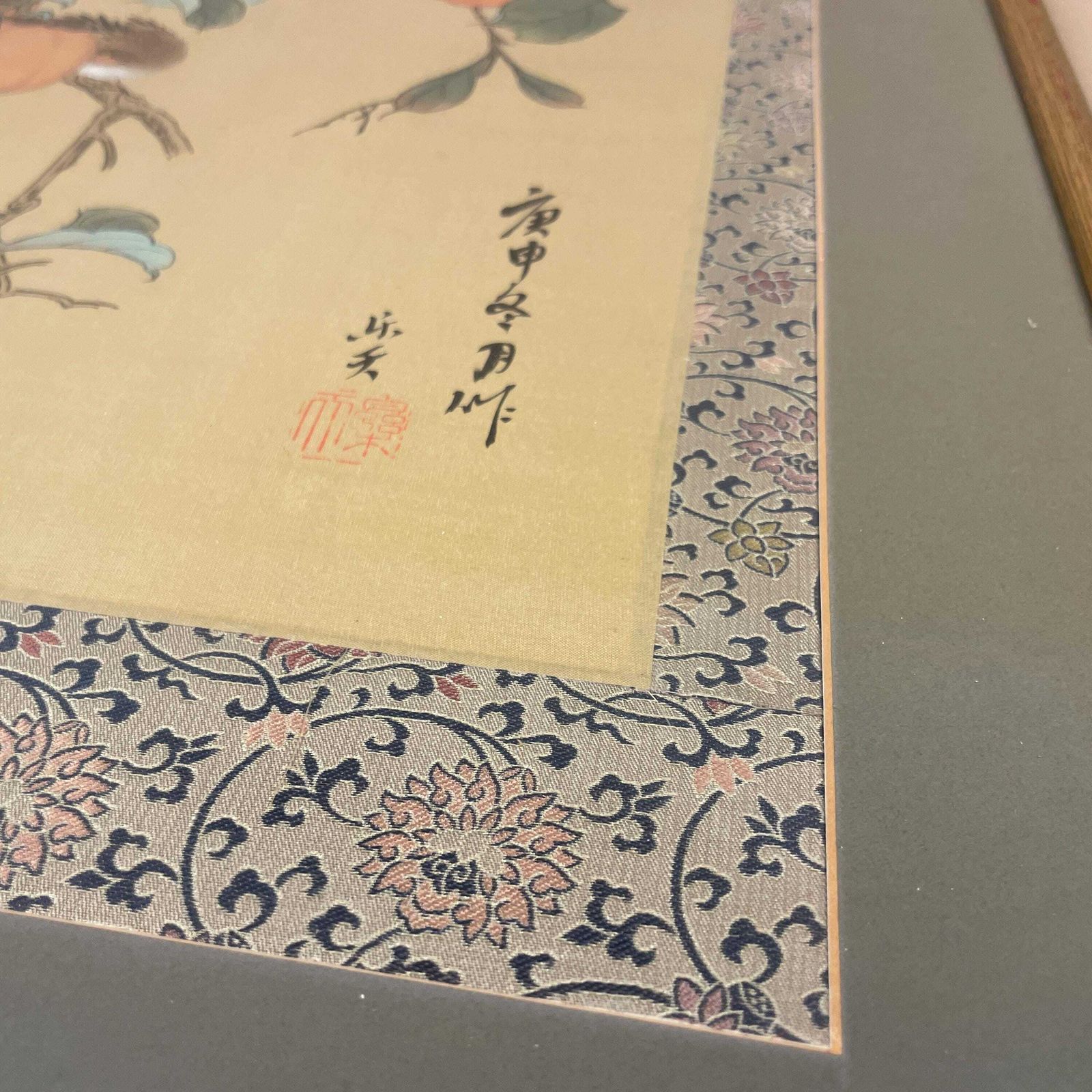 Chinese Original Painting On Silk Birds Peaches Fruit Gold Wood Frame Floral Picture Green Mount Oriental Wall Decor Asian Hand Painted photo 139.0