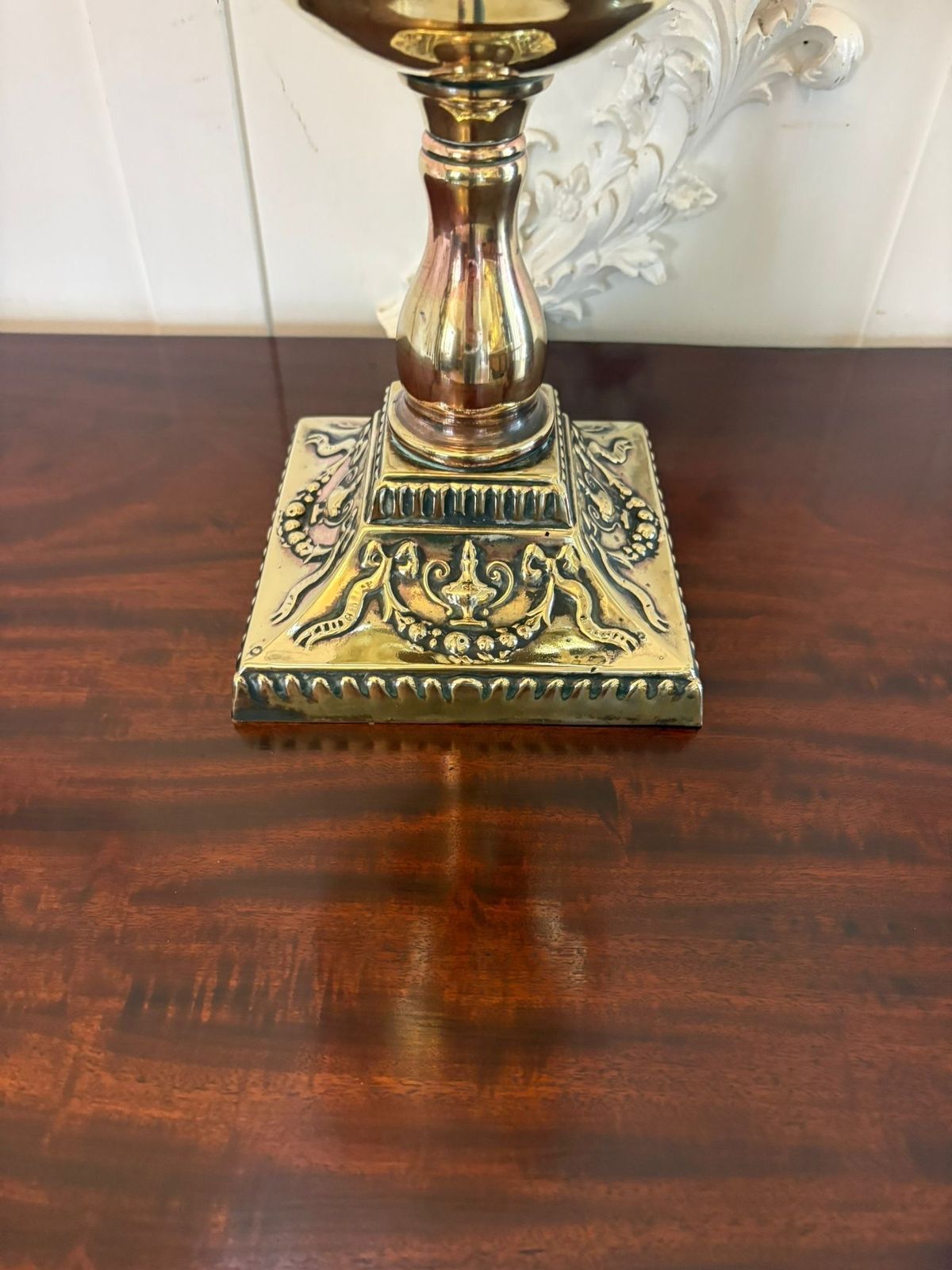 Antique 19th Century Brass Oil Lamp With Etched Amber Glass Shade photo for sale