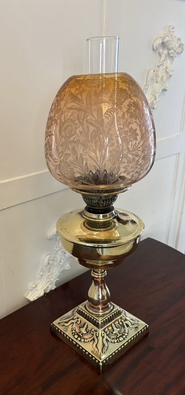Antique 19th Century Brass Oil Lamp With Etched Amber Glass Shade photo vinterior