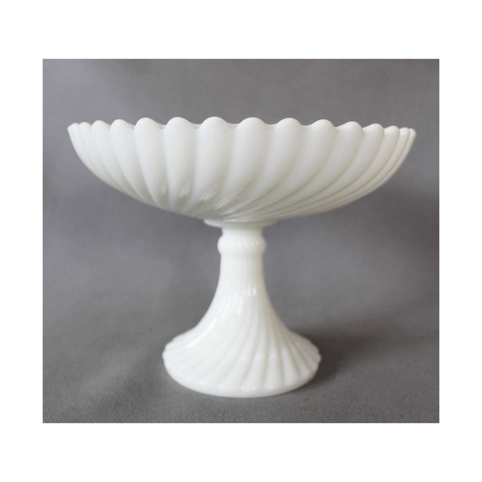 Large Vintage White Opaline Glass Compotier, Pedestal Bowl, Swirl Pattern, Scallop Edge, Pedestal Base, Large Opening, Pressed Glass
