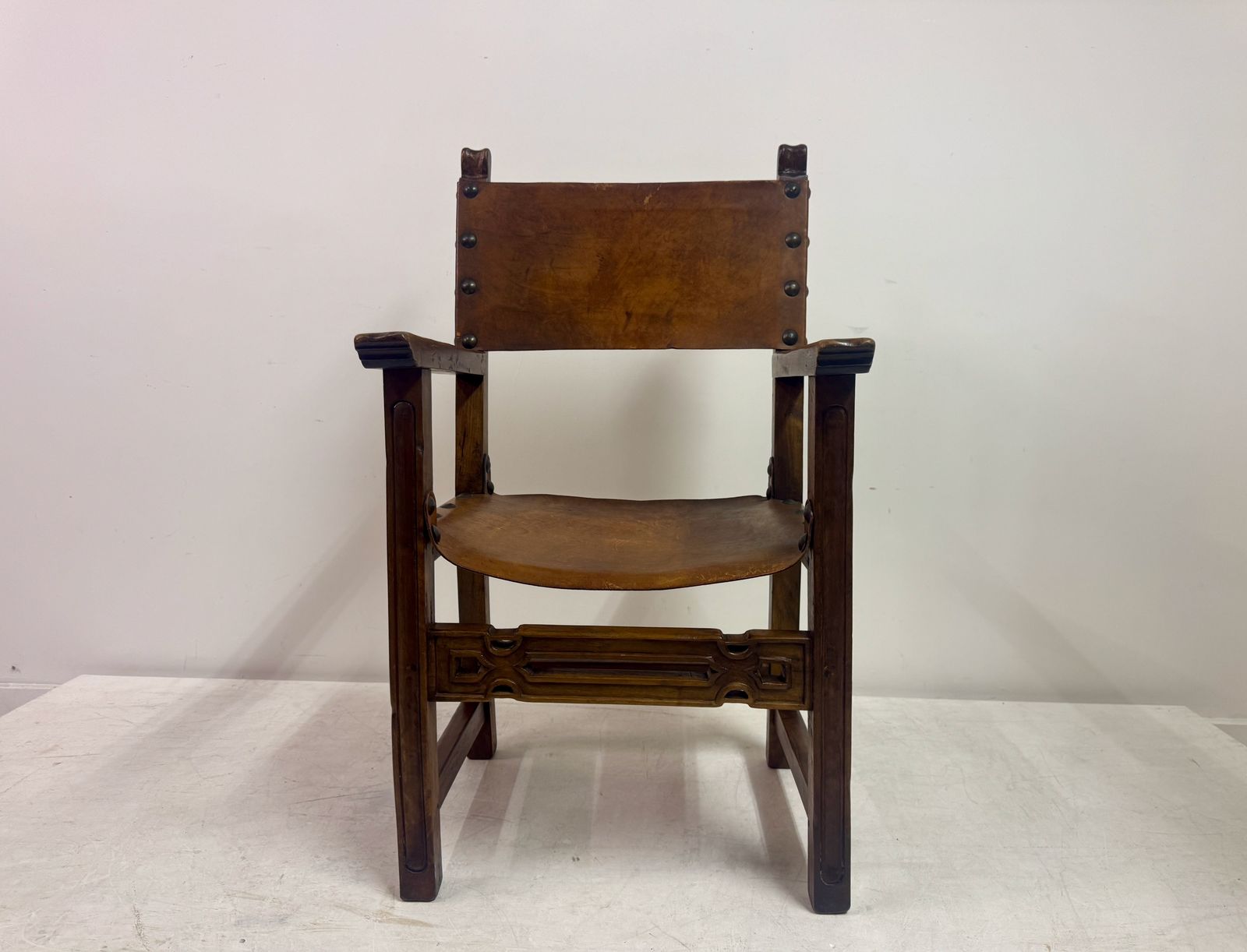 Mid 20th Century Spanish Walnut And Leather  Armchair photo furniture