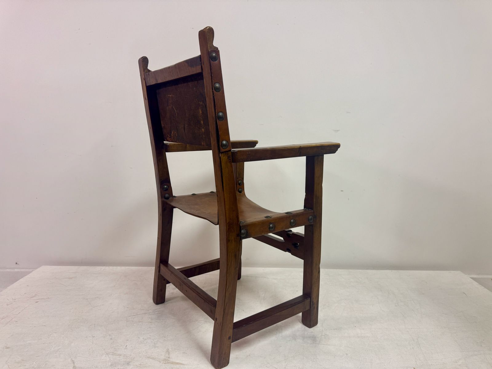photo for sale Mid 20th Century Spanish Walnut And Leather  Armchair