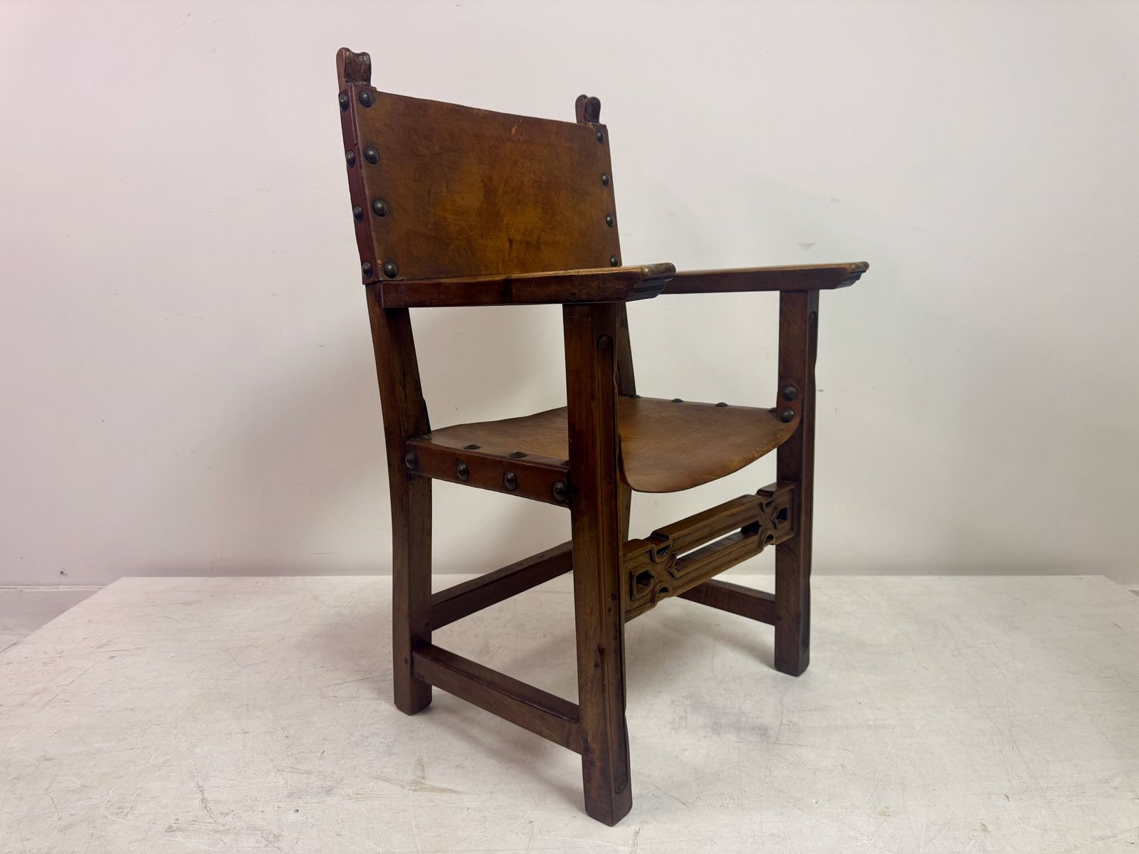 575.0 Mid 20th Century Spanish Walnut And Leather  Armchair photo