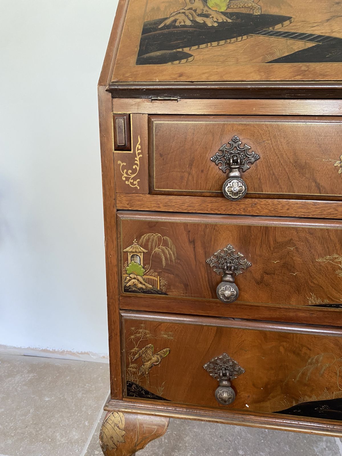 Elegant Burr Walnut Chinoiserie Bureau C.1930s–40s – Astons Shrewsbury photo vintage