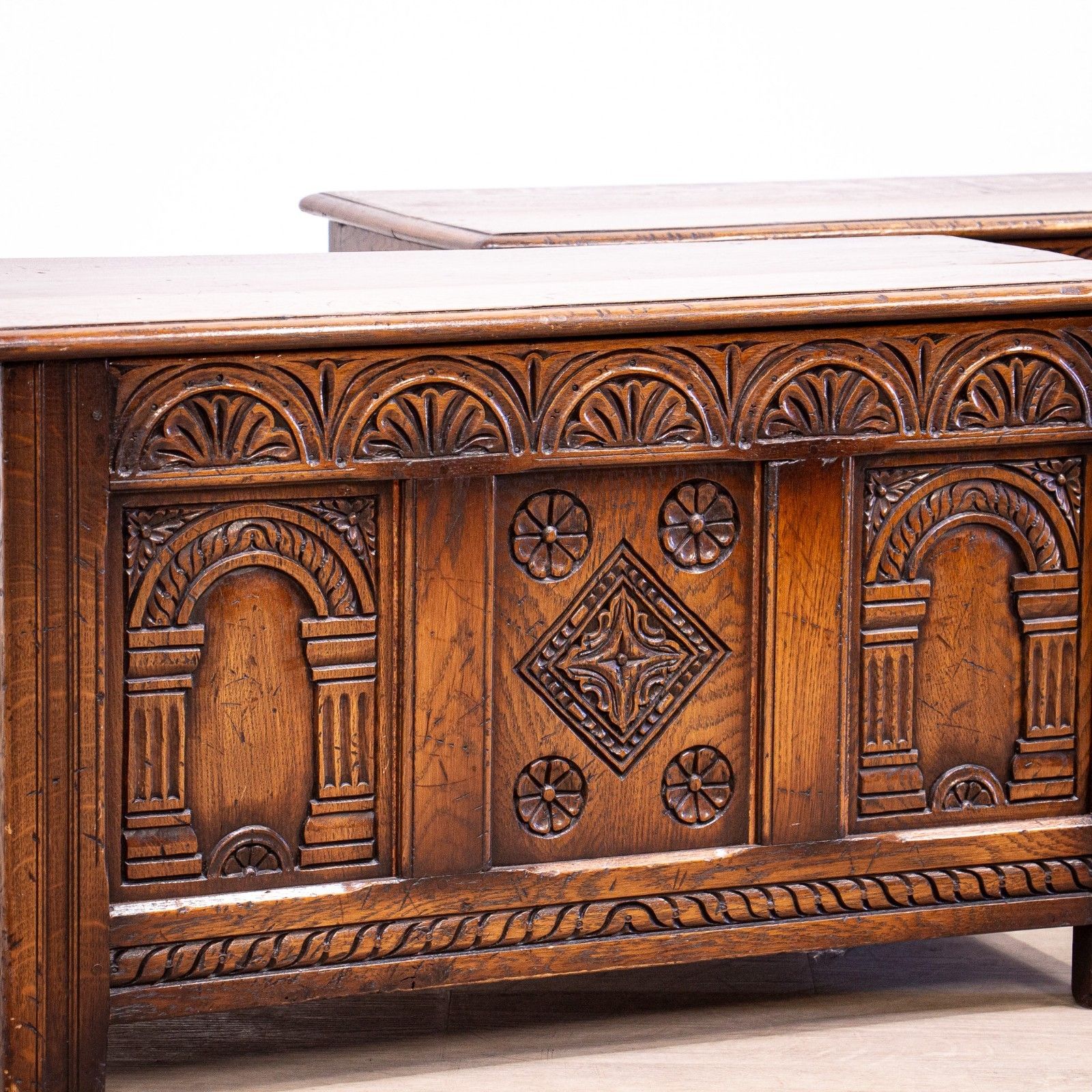 495.0 Pair Of 17th Century Style Carved Oak Storage Coffers photo