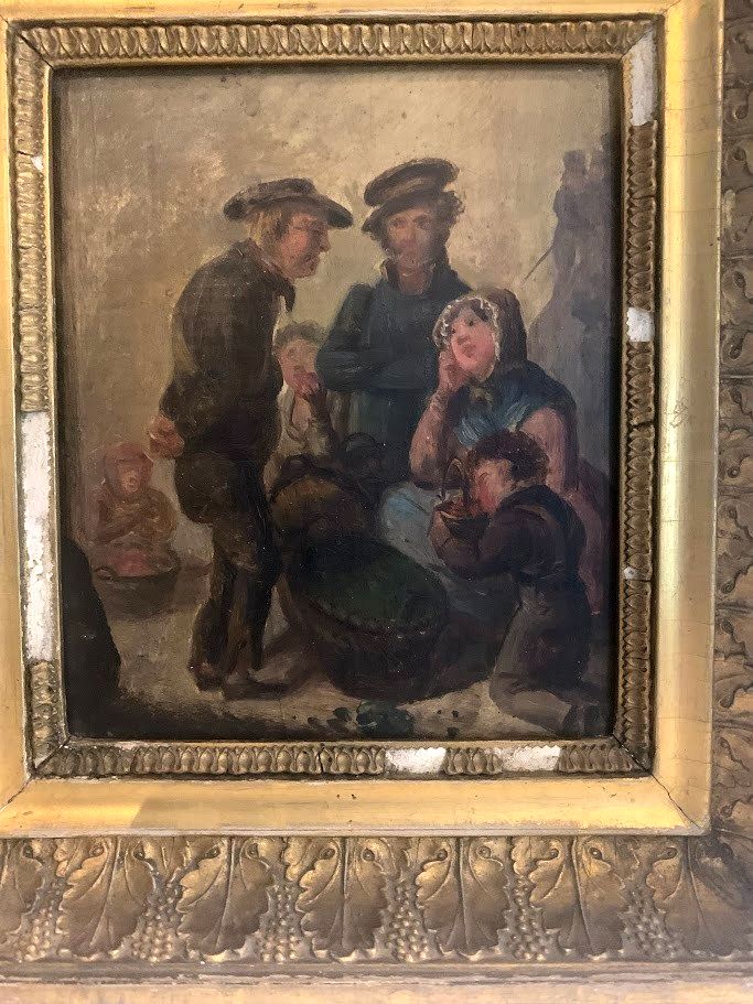 photo vinterior Oil On Panel "The Family Scene" 19th Century
