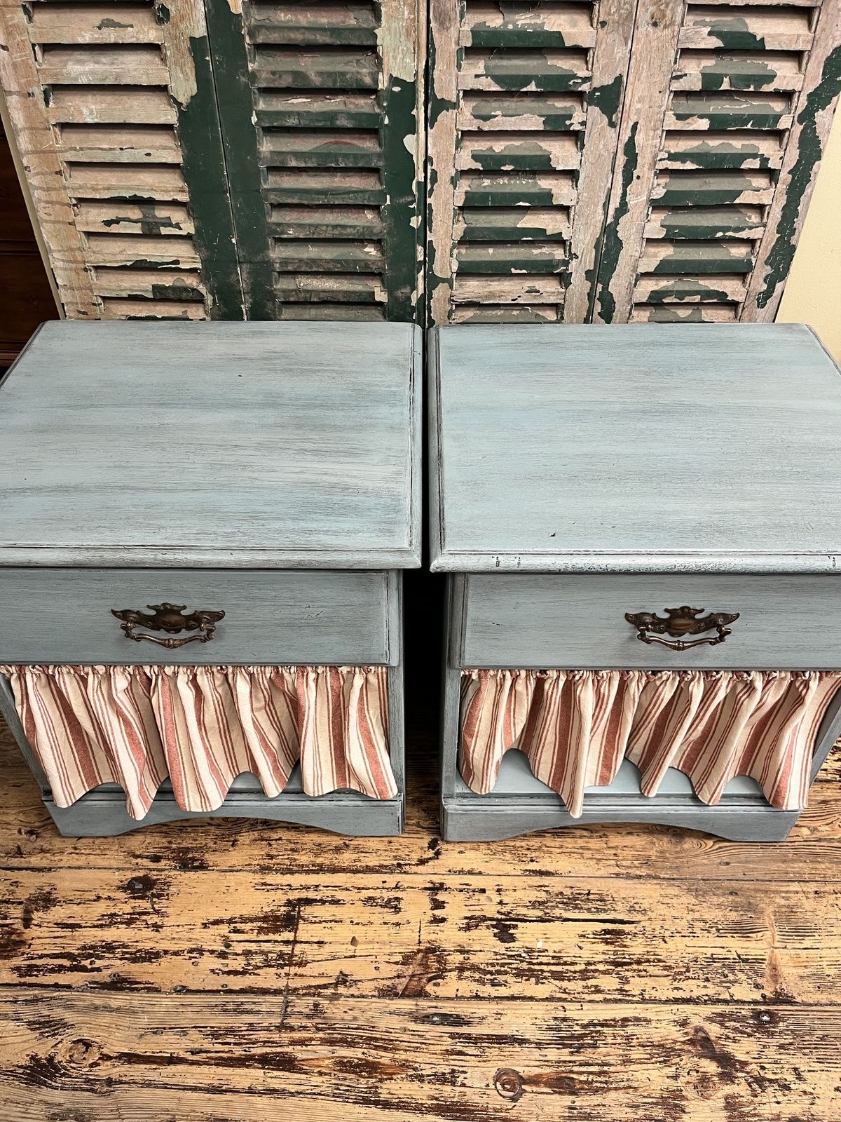 Pair Of Blue Bedside Tables With Striped Cafe Curtains photo buy