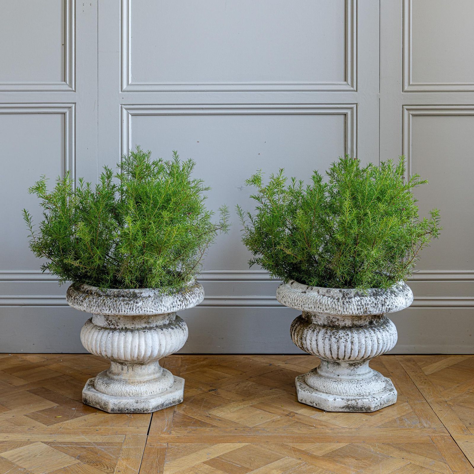 Pair Of Antique Style Weathered Stone Campana Urn Planters photo furniture