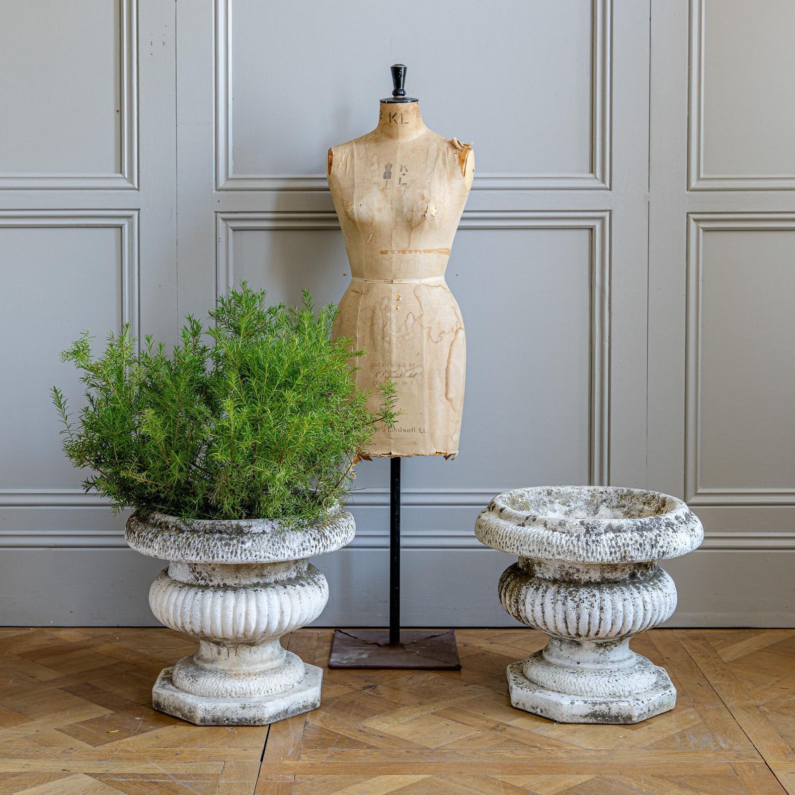 Pair Of Antique Style Weathered Stone Campana Urn Planters photo 1723.0
