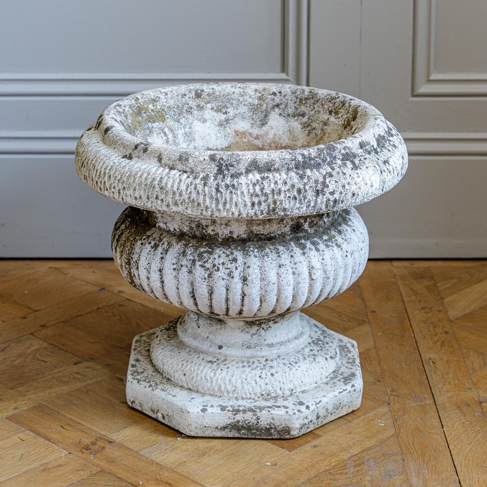 Pair Of Antique Style Weathered Stone Campana Urn Planters photo vinterior