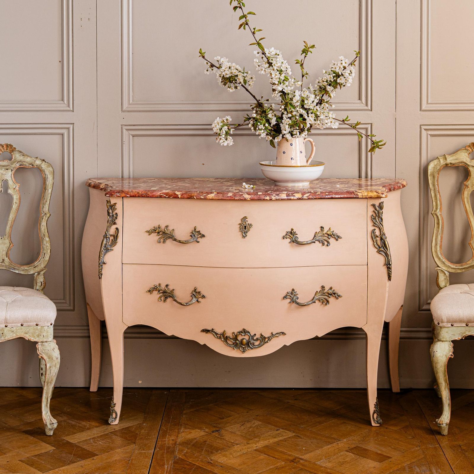 Pink Turn Of The Century Louis XV Style Bombe Chest Of Drawers With Marble Top photo furniture