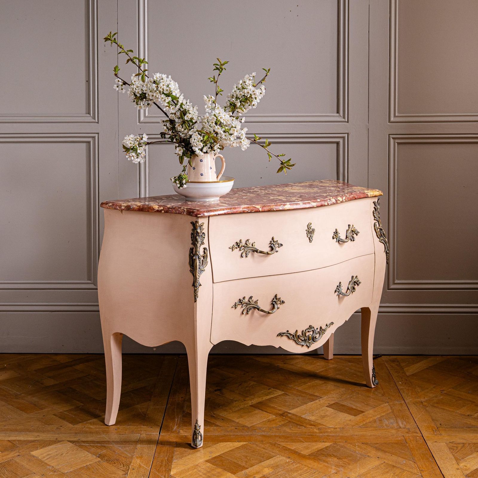 Pink Turn Of The Century Louis XV Style Bombe Chest Of Drawers With Marble Top photo vinterior