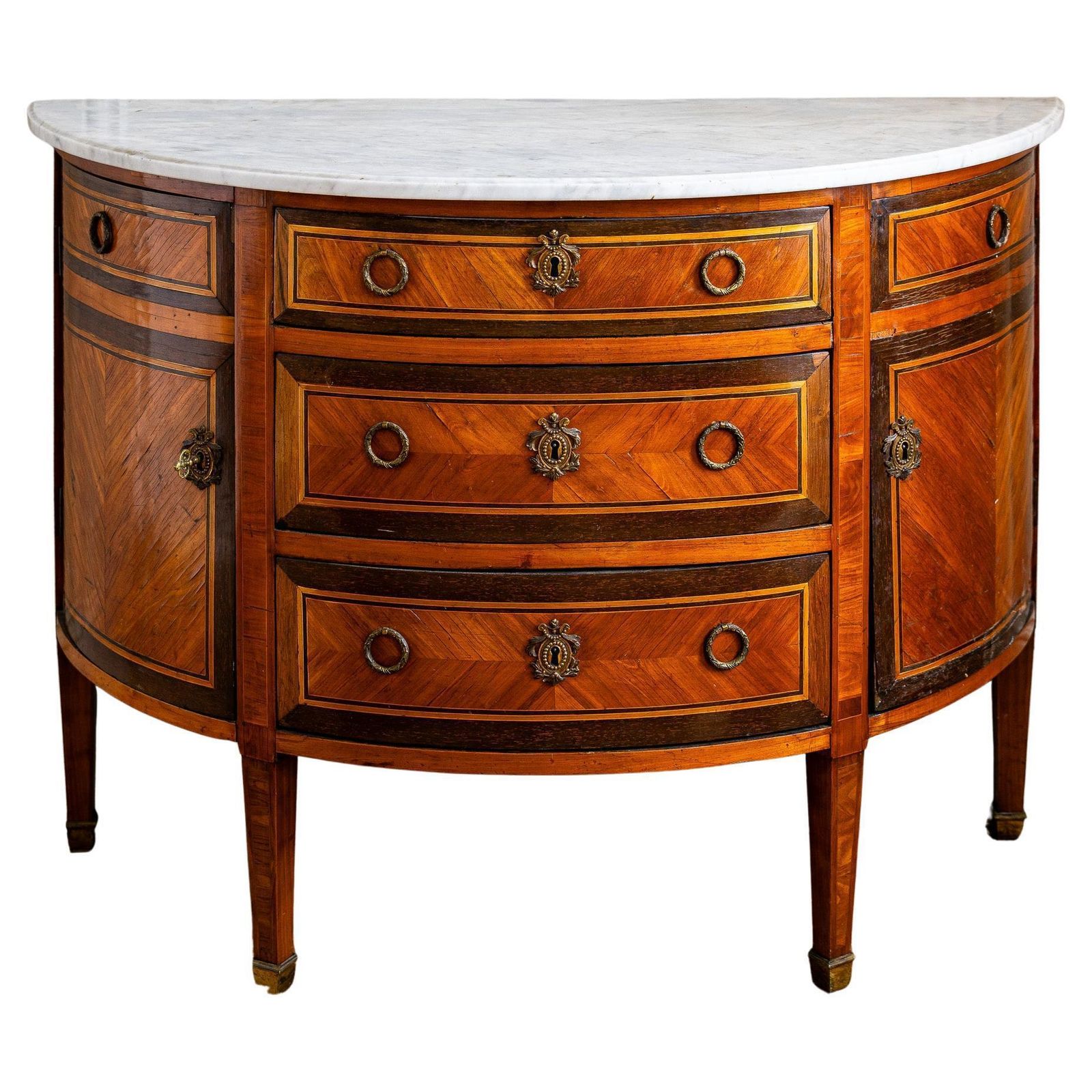 Louis XVI Style Demilune Marquetry Commode With Marble Top