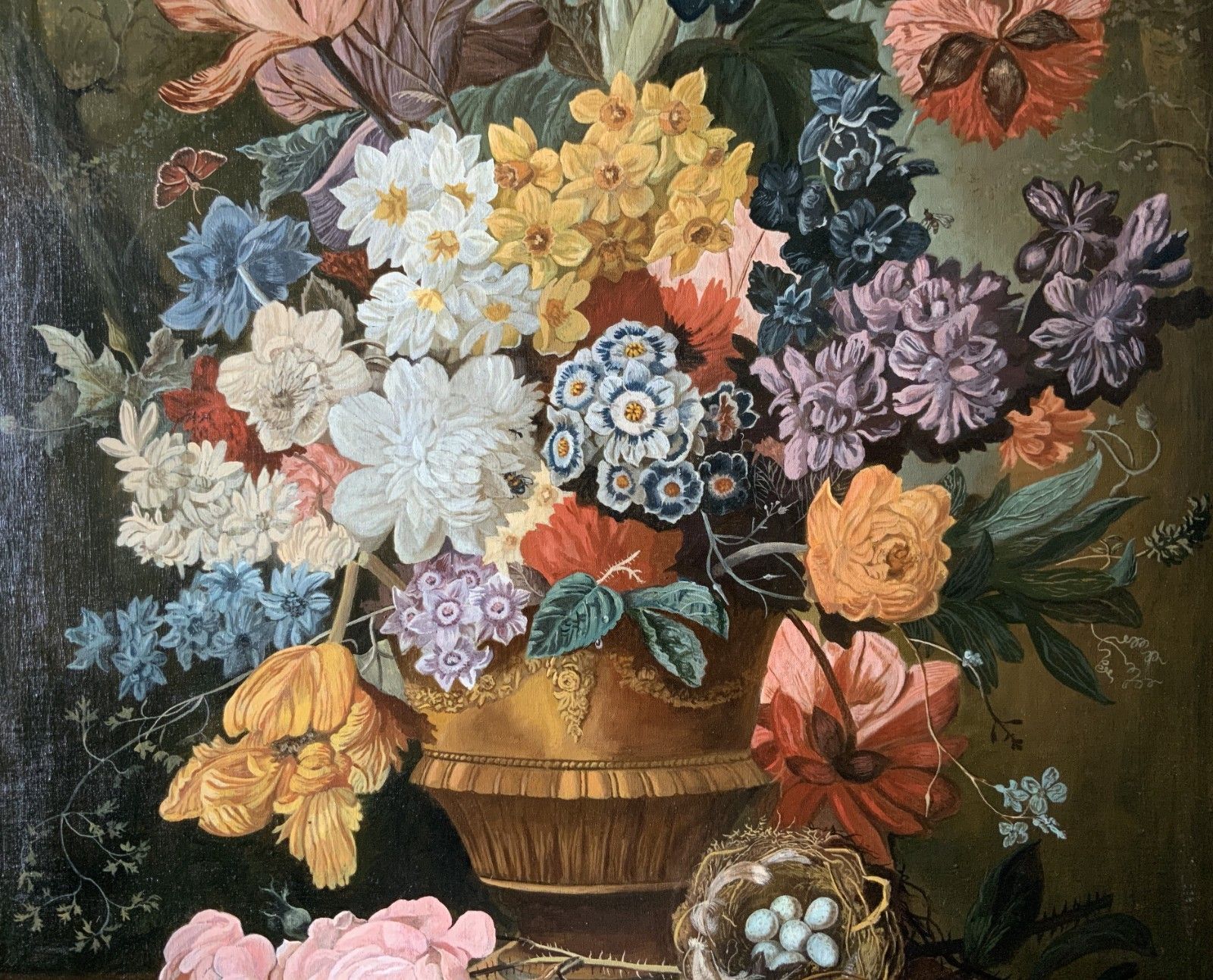 Large Dutch Still Life Oil Painting 18thc Style Floral & Birds Nest (2 Of 2) photo Art