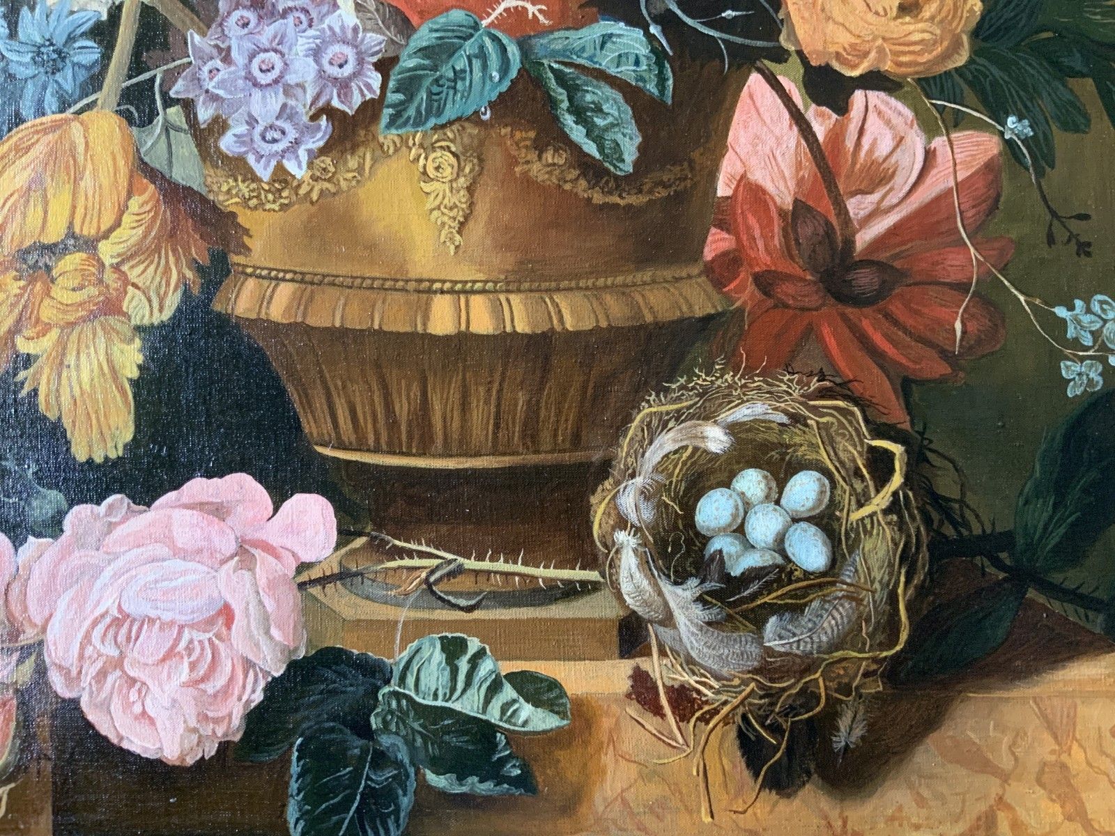 Large Dutch Still Life Oil Painting 18thc Style Floral & Birds Nest (2 Of 2) photo vinterior