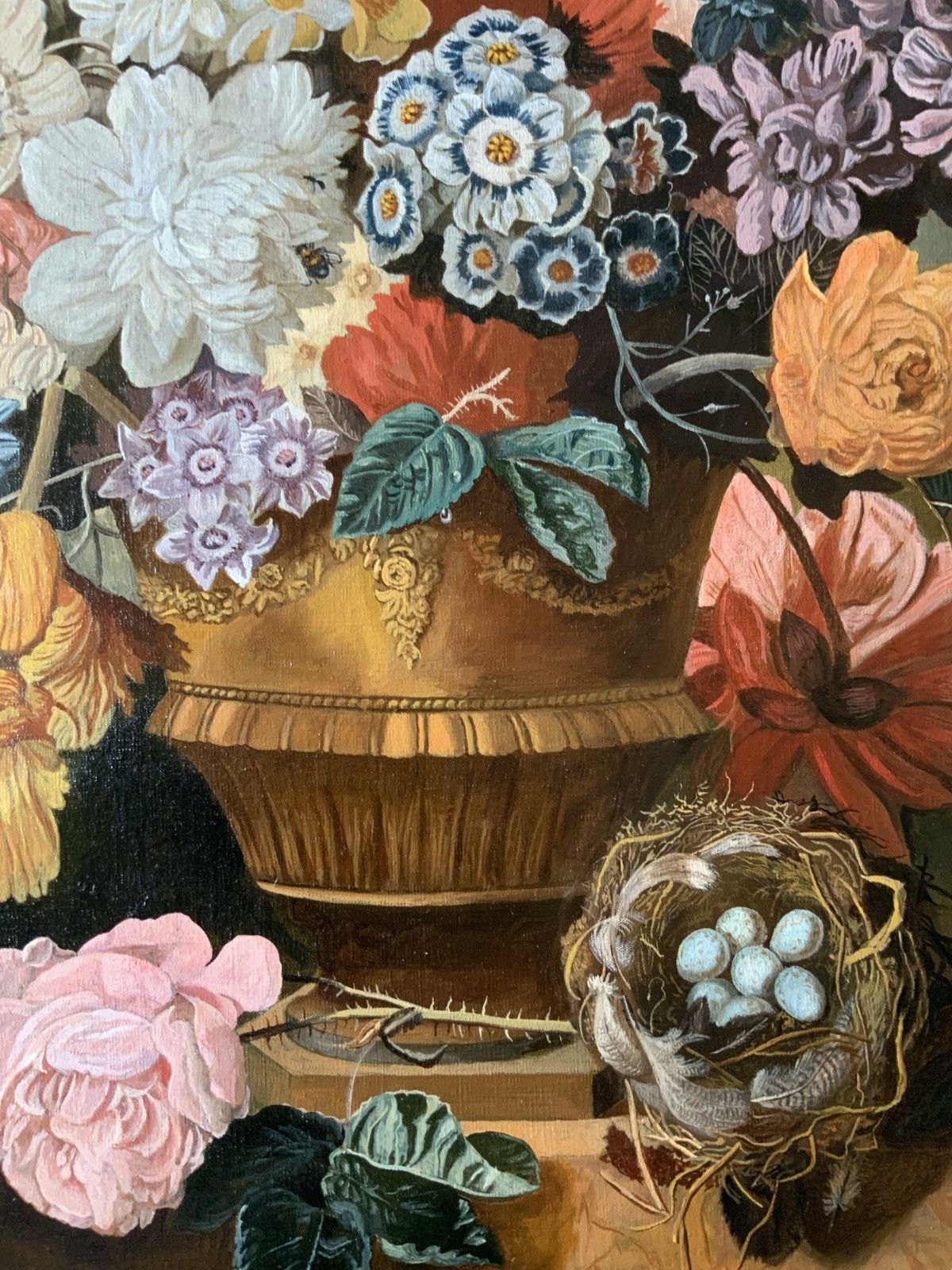 Large Dutch Still Life Oil Painting 18thc Style Floral & Birds Nest (2 Of 2) photo vintage