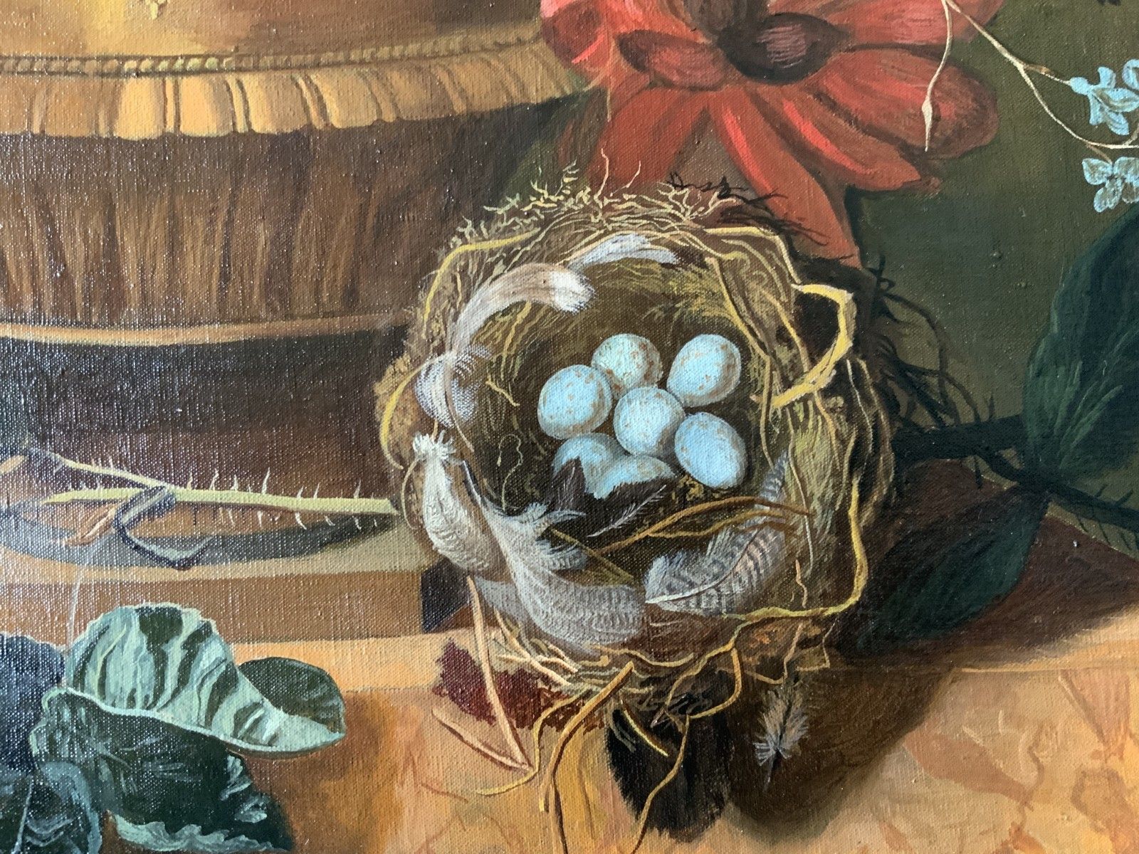 photo vinterior Large Dutch Still Life Oil Painting 18thc Style Floral & Birds Nest (2 Of 2)