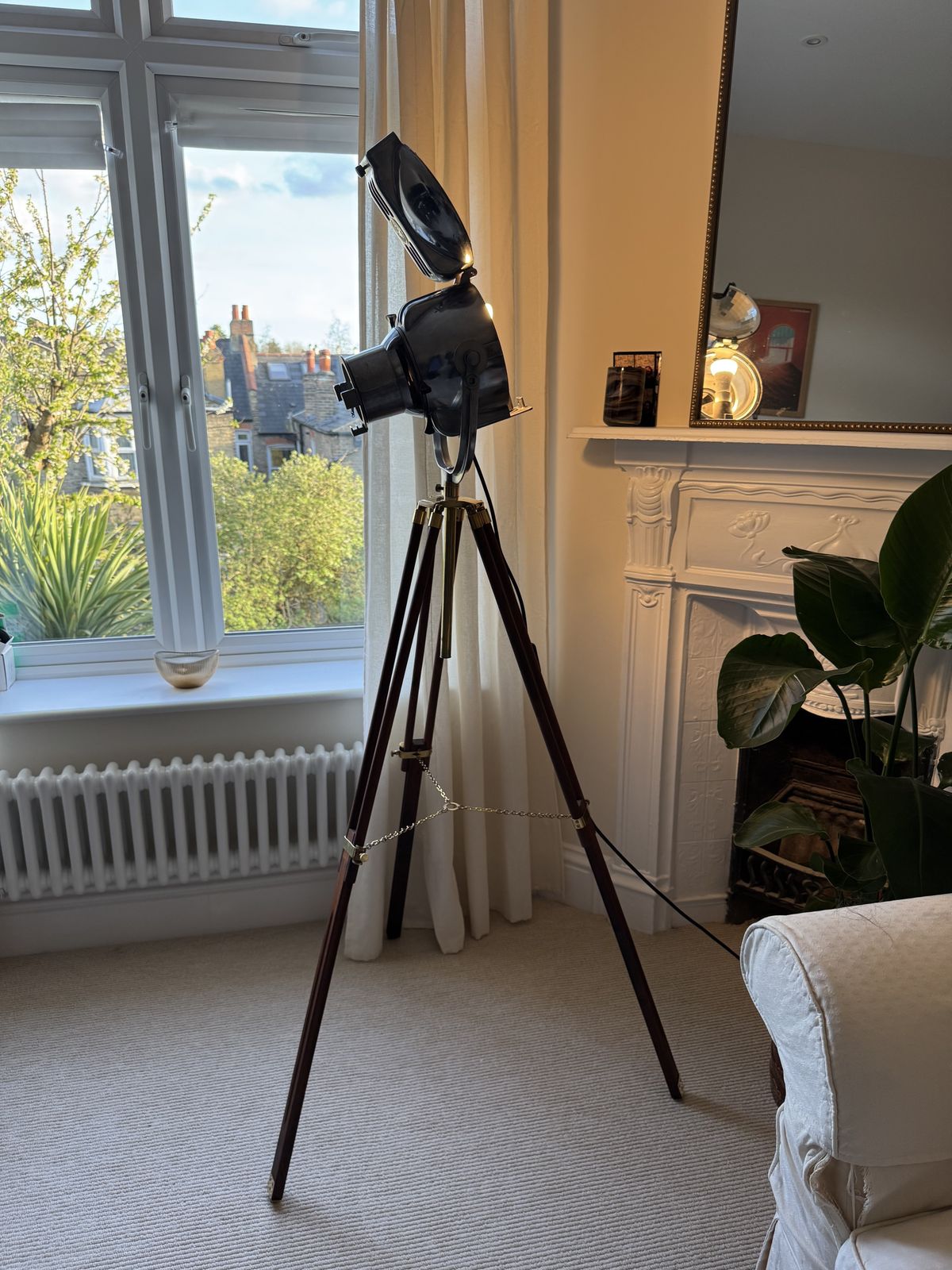 Vintage Polished Strand Electric Patt 23 Mirror Finish Spotlight On Teak & Brass Tripod photo for sale