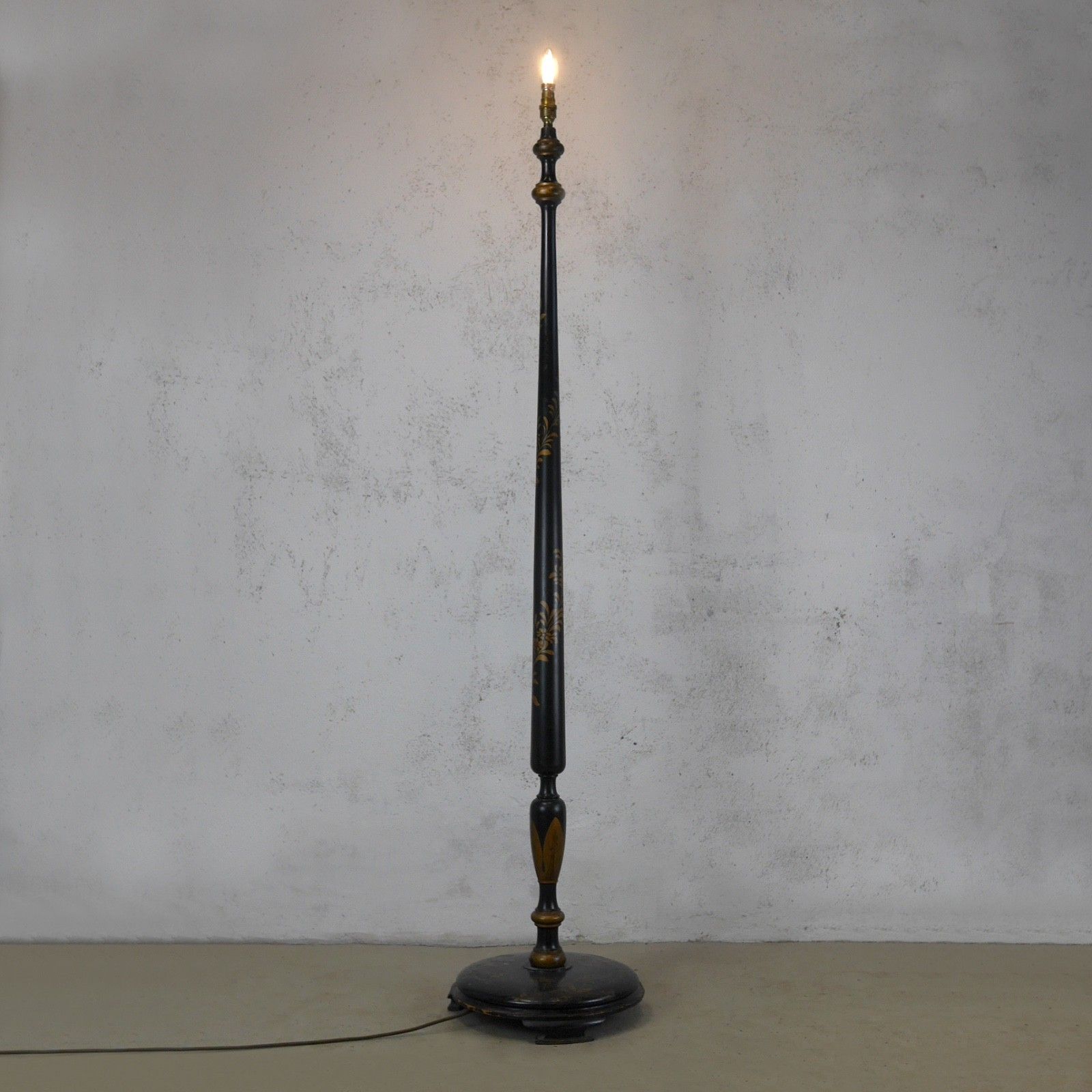 Antique Black Chinoiserie Wood Standard Lamp Circa 1920 Hand Painted #103046 photo for sale