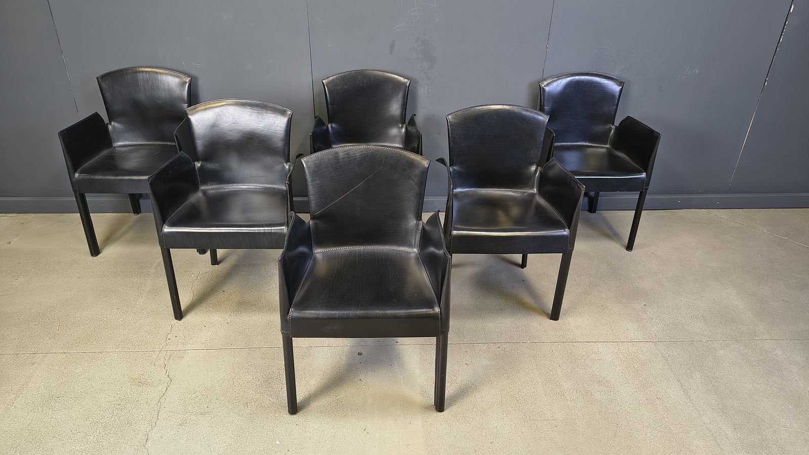 photo vinterior Black Leather Italian Dining Chairs, 1980s   Set Of 6