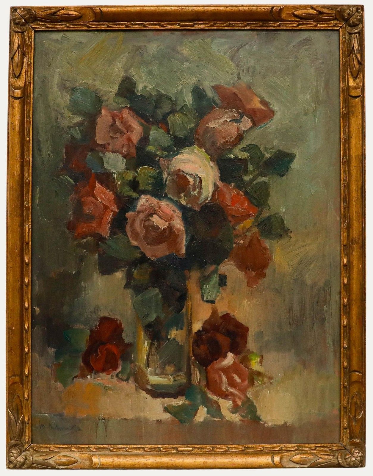 Framed Mid 20th Century Oil Still Life Of Roses