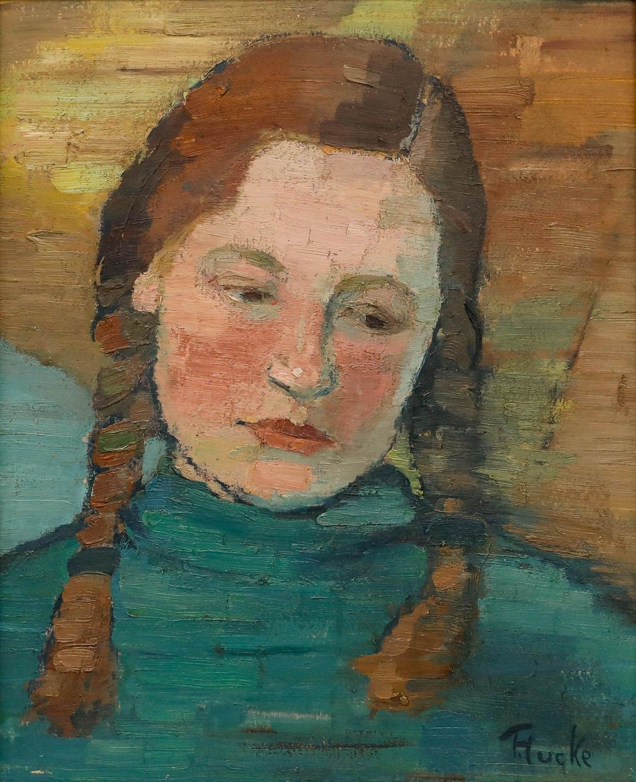 Thea Hucke (1893 1970) Framed Mid 20th Century Oil, Young Girl With Braids photo furniture