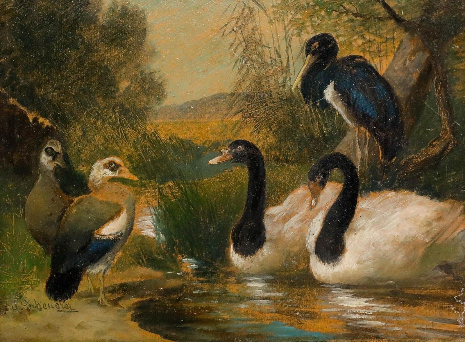 Julius Scheuerer (1859 1913) Framed Oil, Waterfowl By A Stream photo furniture