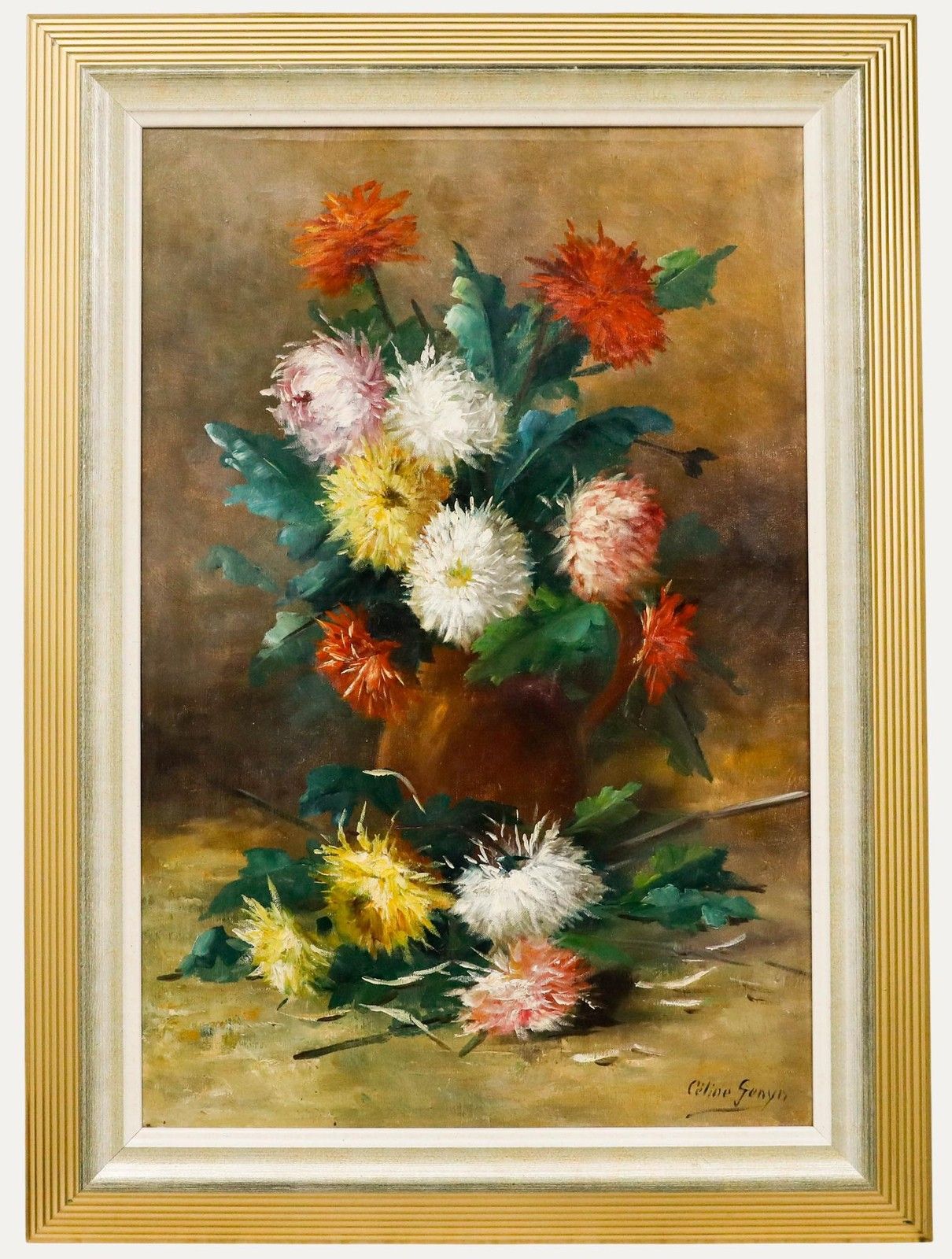 Celine Genyn Framed Early 20th Century Oil, Bouquet Of Dahlias