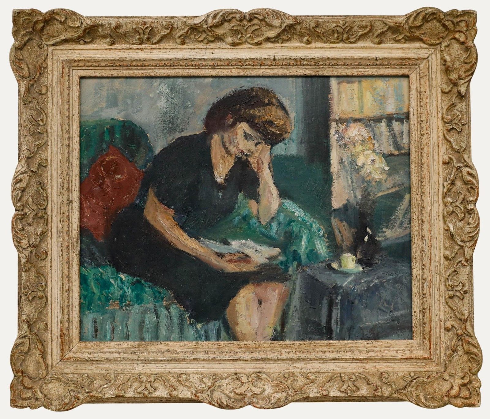 Cecile Hertz Eyrolles (1875 1974) Framed Oil, Reading On The Green Sofa