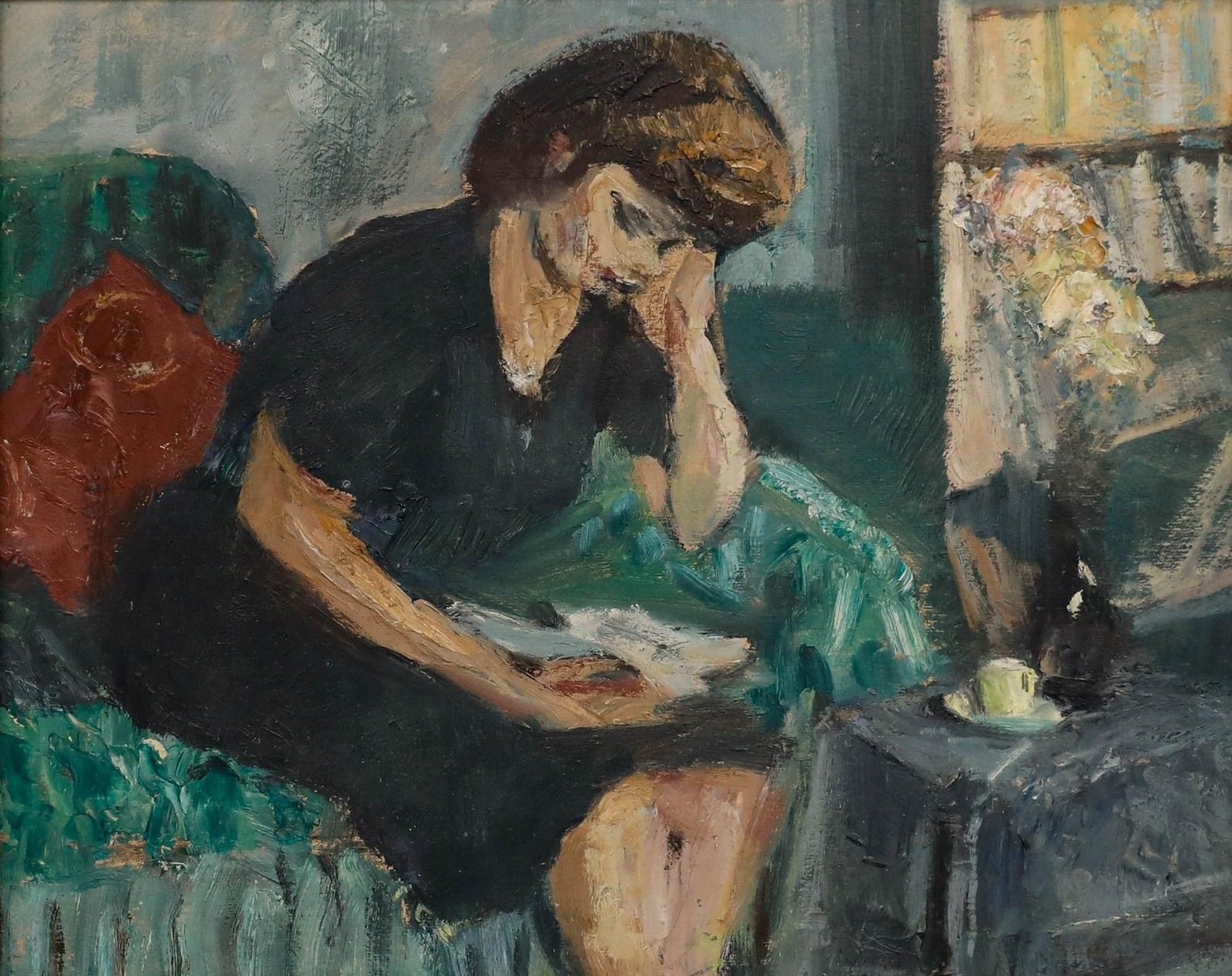 Cecile Hertz Eyrolles (1875 1974) Framed Oil, Reading On The Green Sofa photo furniture