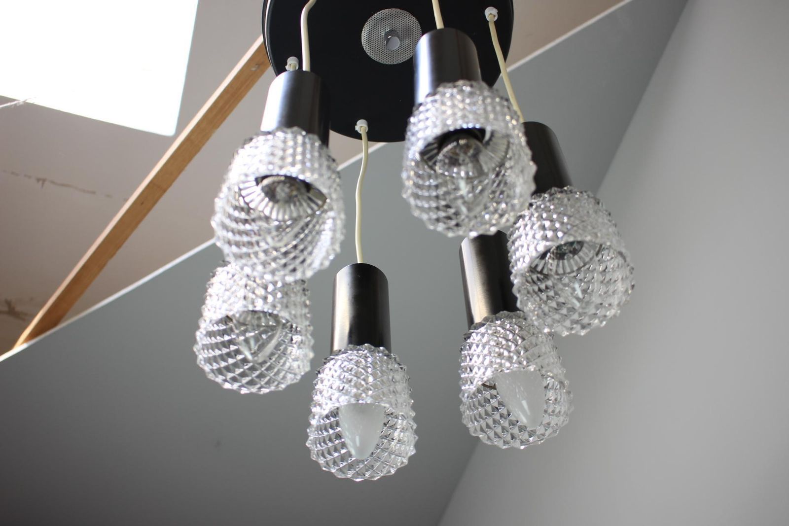 1970s Czechoslovak Mid Century Modern Five Light Glass Pendant Chandelier photo vinterior