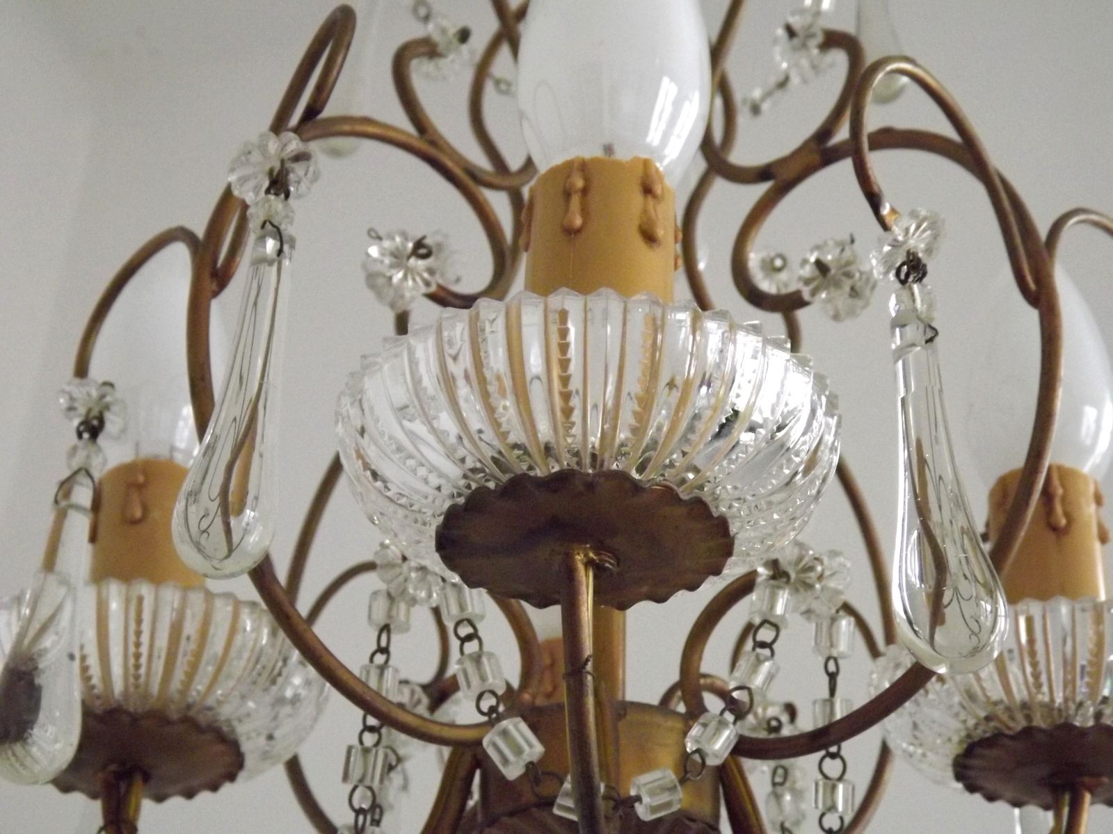 Lighting Vintage French 4 Arm Gilded Toleware Cage Chandelier With Clear Seed Bead Swags And Clear Murano Drops photo