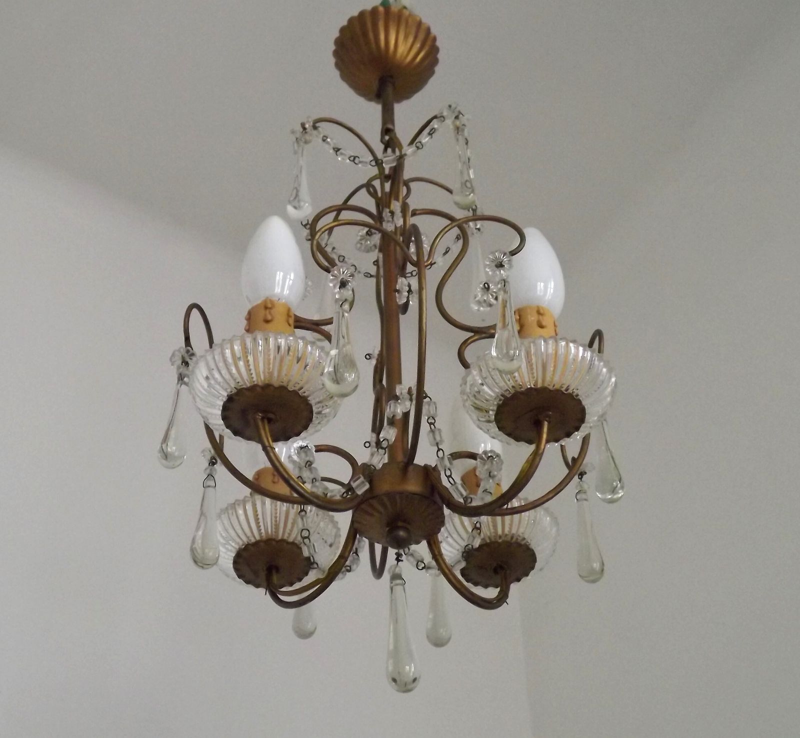 Vintage French 4 Arm Gilded Toleware Cage Chandelier With Clear Seed Bead Swags And Clear Murano Drops