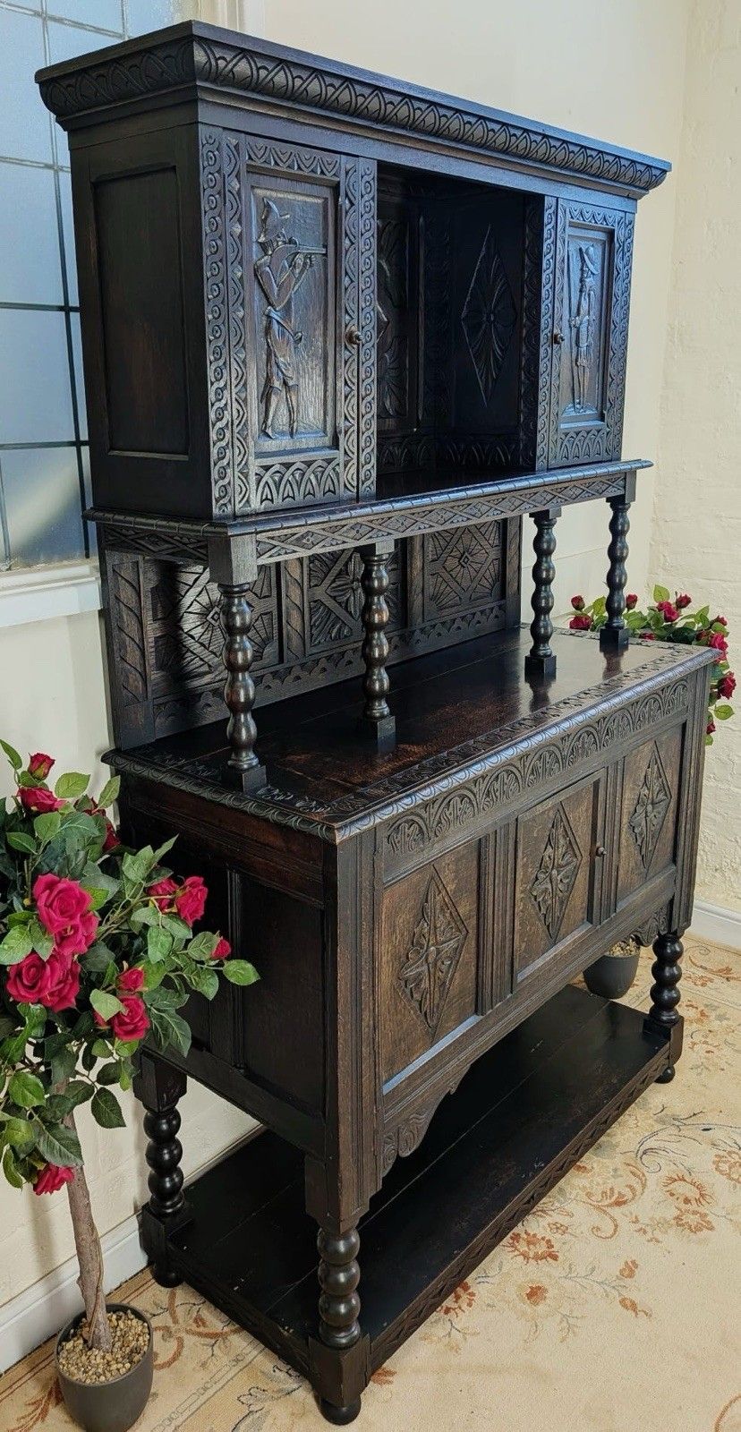 17th Century Style Solid Oak Tridarn Carved Court Cupboard Dresser photo furniture
