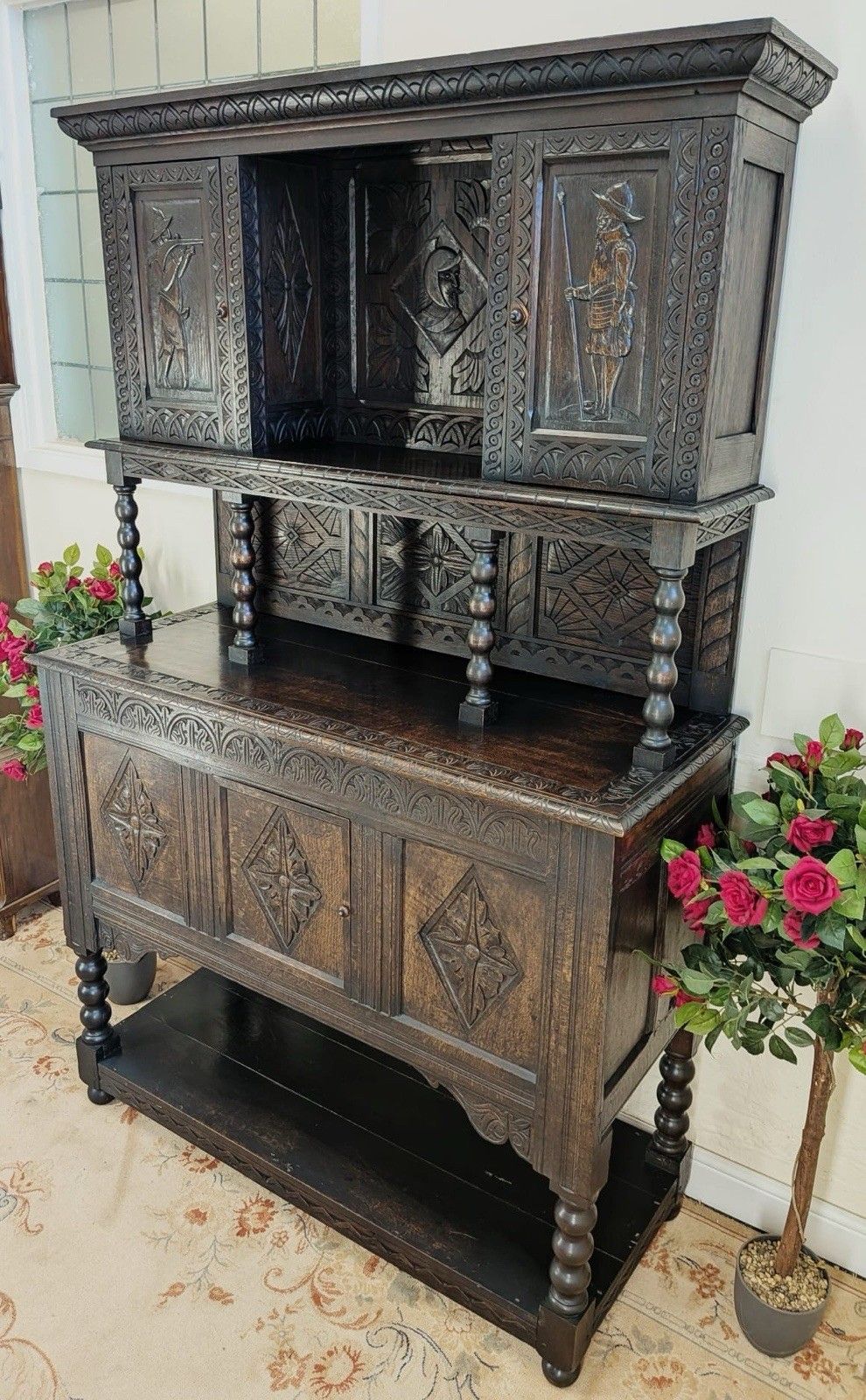 17th Century Style Solid Oak Tridarn Carved Court Cupboard Dresser photo for sale