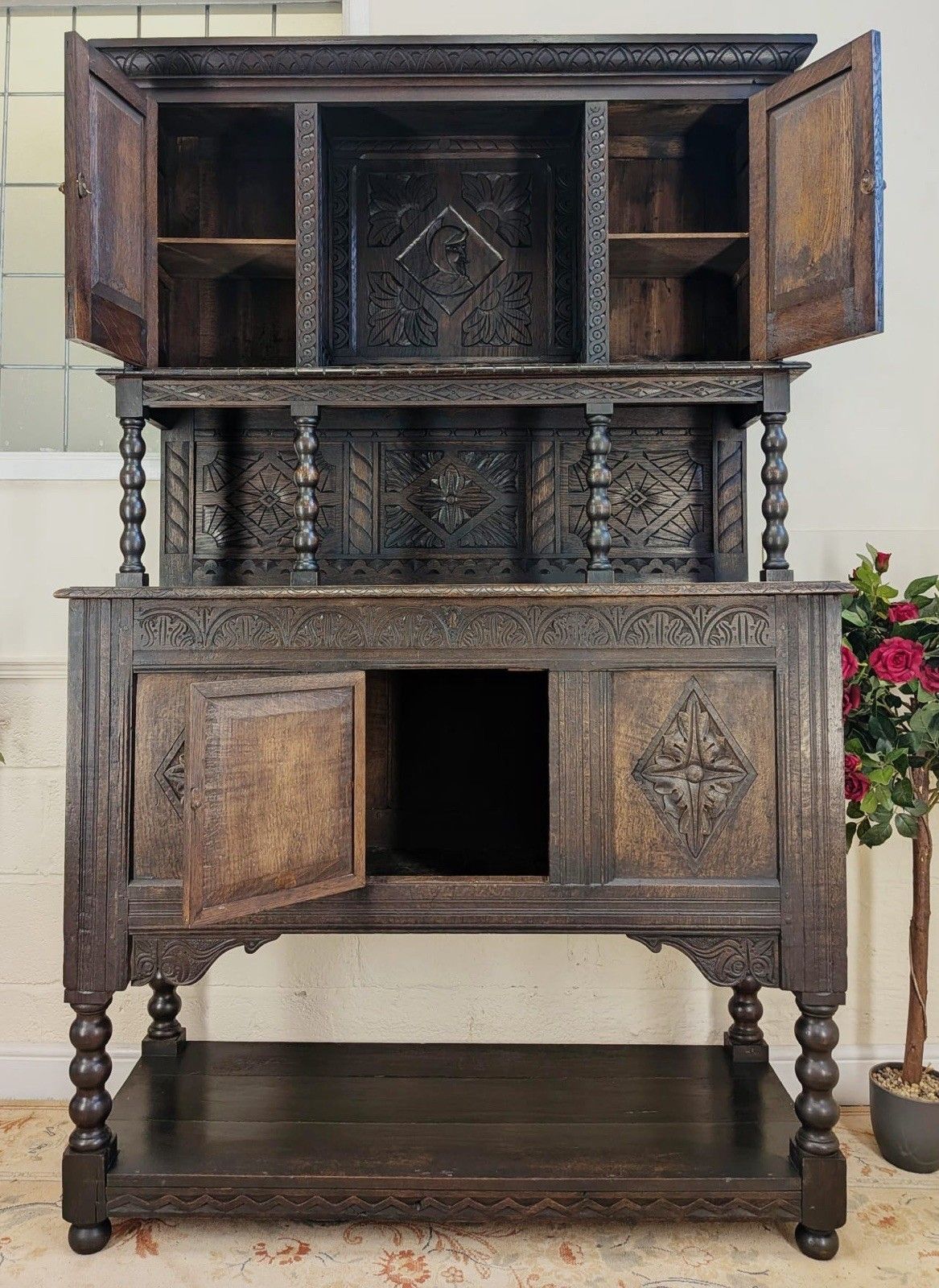 17th Century Style Solid Oak Tridarn Carved Court Cupboard Dresser photo vintage