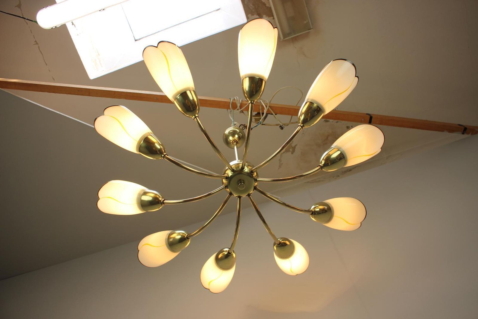 Lighting 1960s Czechoslovak Mid Century Modern Ten Arm Brass And Glass Chandelier photo