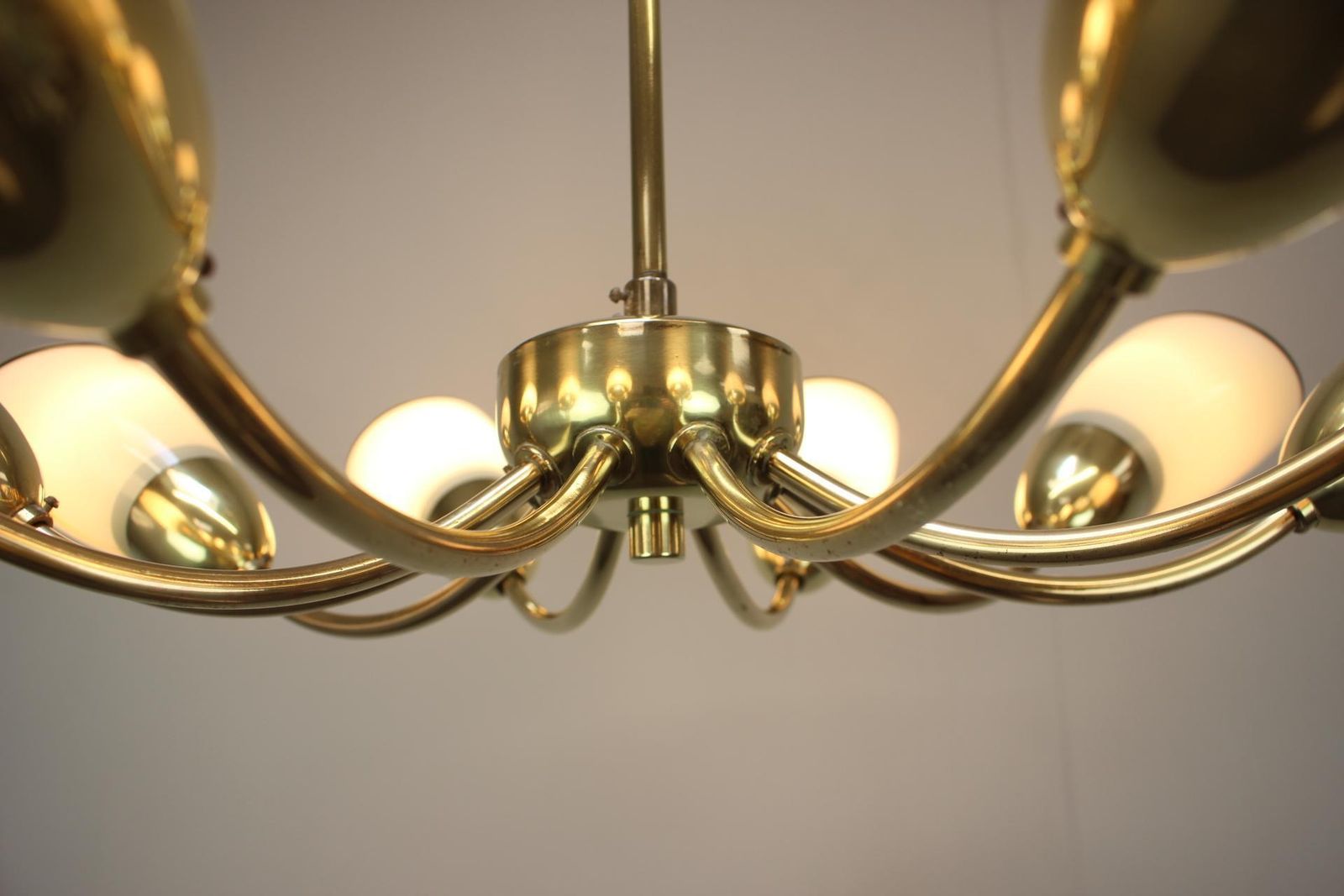photo buy 1960s Czechoslovak Mid Century Modern Ten Arm Brass And Glass Chandelier