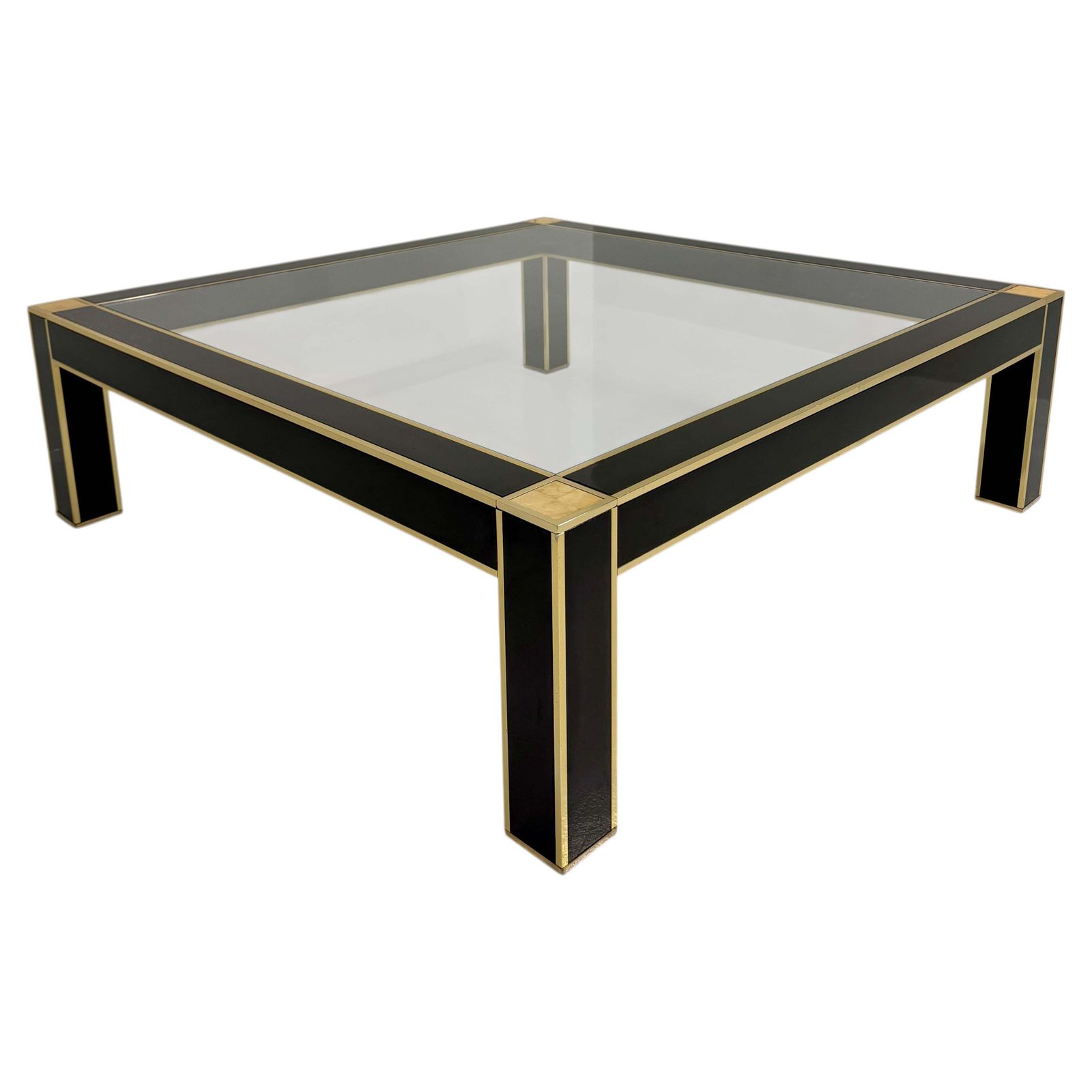 Square Coffee Table Attr. To Pierre Cardin In Black Lacquer, Brass, Glass, 70s