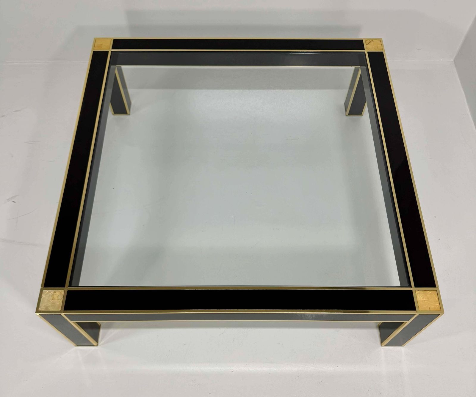Square Coffee Table Attr. To Pierre Cardin In Black Lacquer, Brass, Glass, 70s photo Furniture