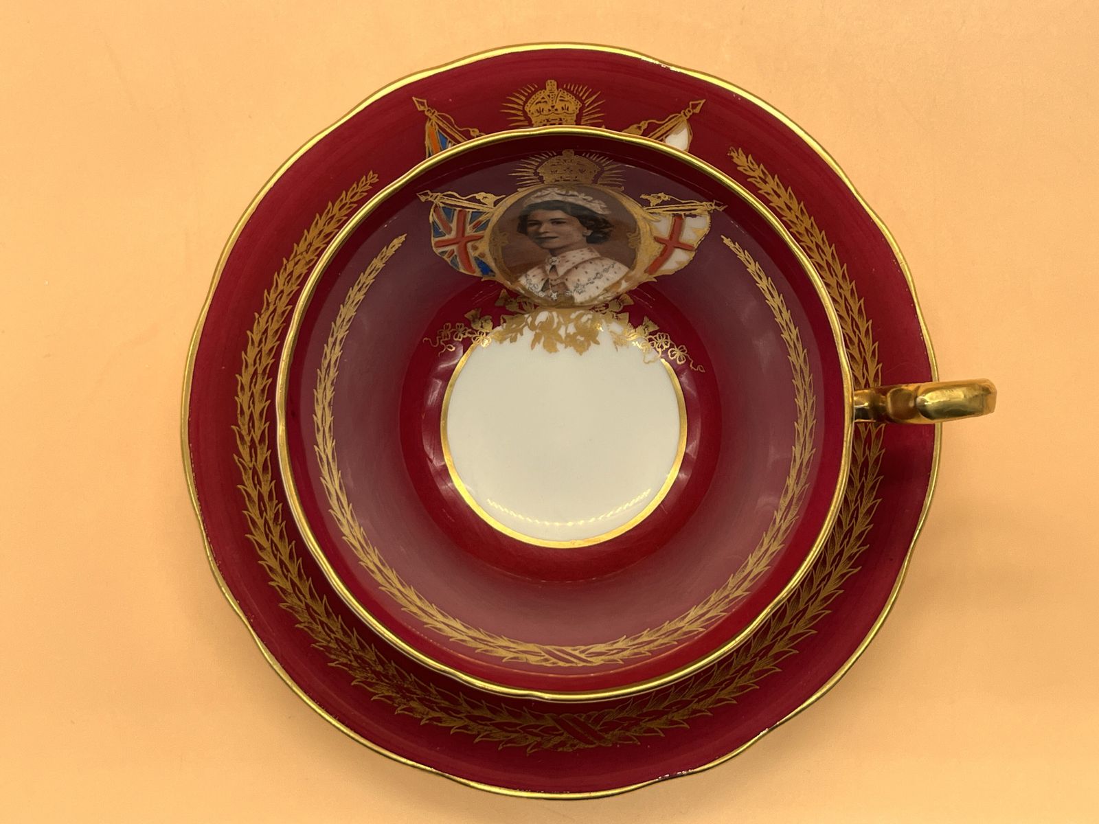 photo for sale Aynsley China Queen Elizabeth 11 Coronation 2 June 1953 Commemorative Tea Cup & Saucer Duo.
