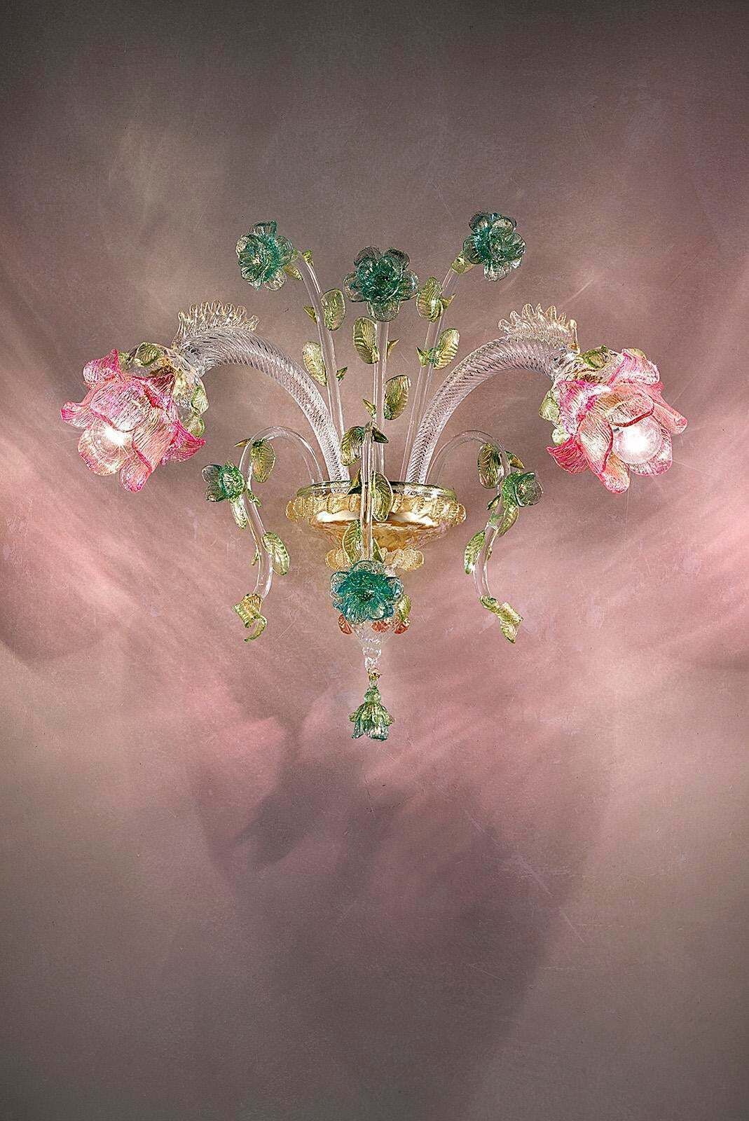 Classical Luxury Venetian Pink And Green Floreal Murano Glass Wall Sconce photo 4370.0