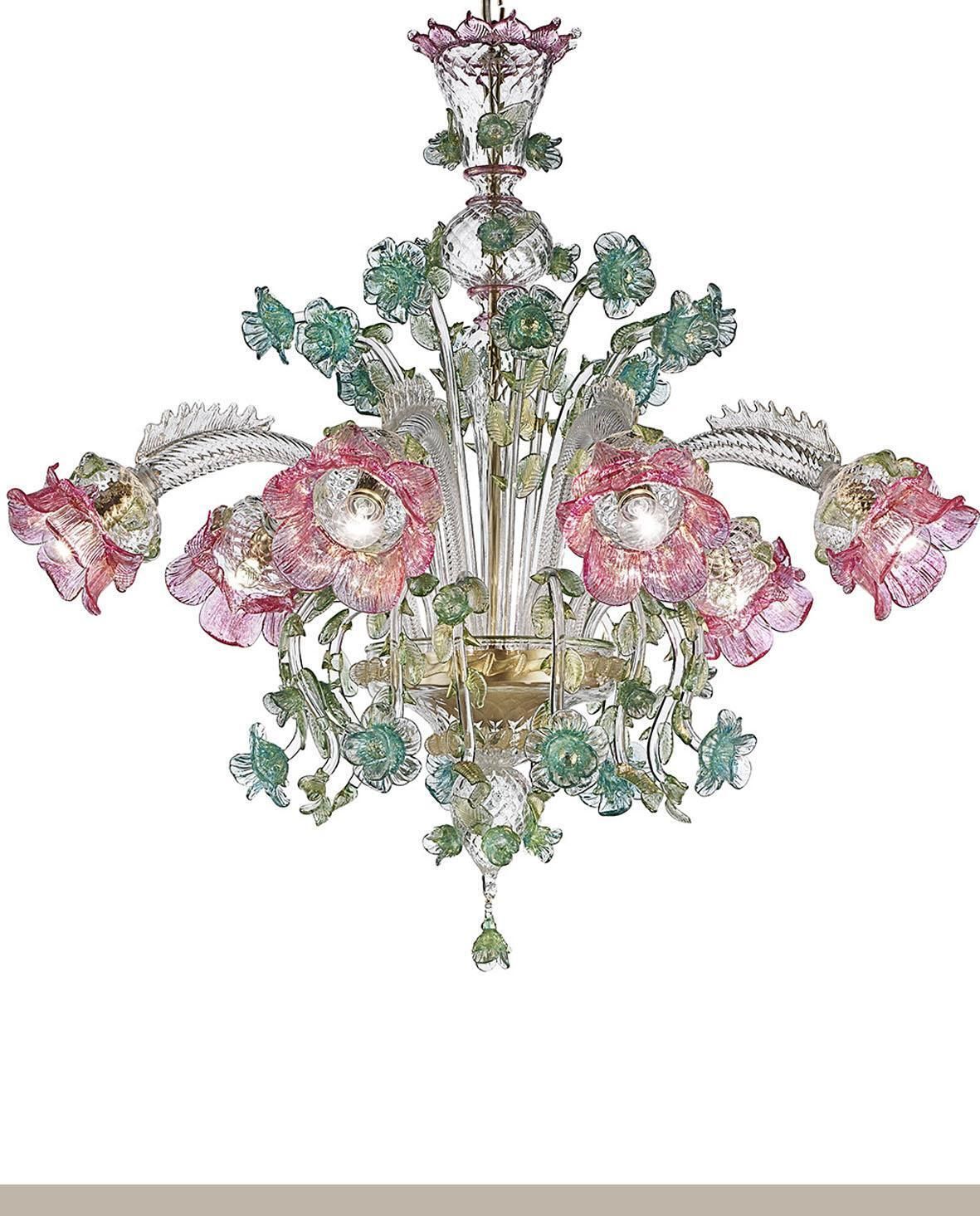 Classical Luxury Venetian Pink And Green Floreal Murano Glass Chandelier. photo vinterior