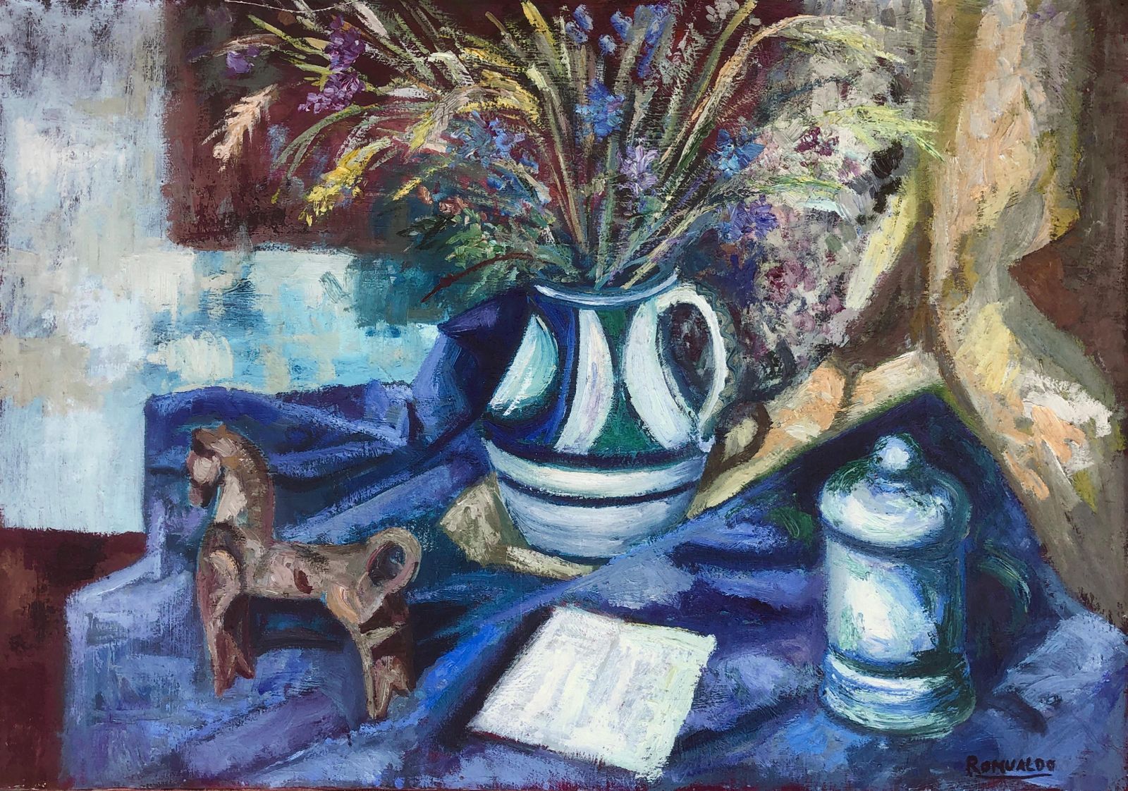Romualdo Fernandez Barrera Mediterranean Floral Still Life With Ceramic Vase And Blue Drapery Oil On Canvas C.1975