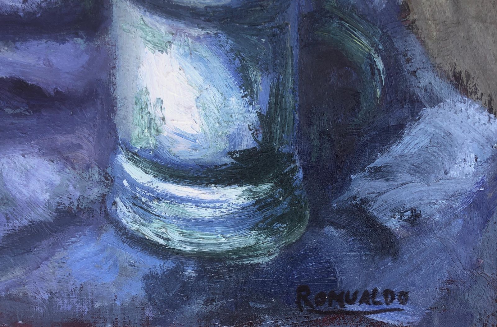 Romualdo Fernandez Barrera Mediterranean Floral Still Life With Ceramic Vase And Blue Drapery Oil On Canvas C.1975 photo furniture