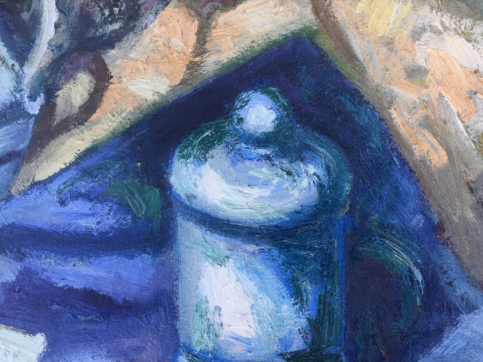Romualdo Fernandez Barrera Mediterranean Floral Still Life With Ceramic Vase And Blue Drapery Oil On Canvas C.1975 photo for sale
