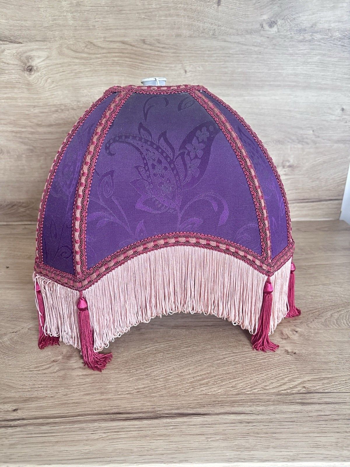 photo vinterior Downton Style Vtg Empire Tassel Lampshade Purple Damask Fringe Boudoir 35cm