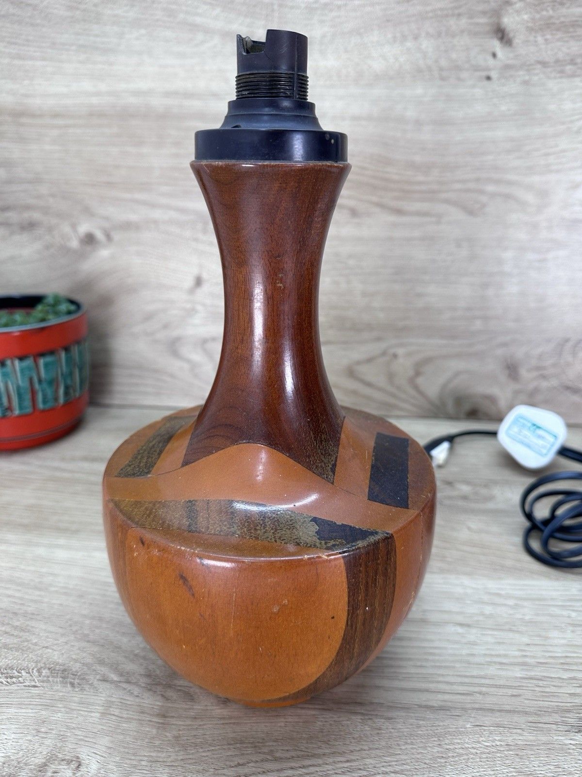 75.0 Vintage Mid Century Wooden Table Lamp Segmented Wood Inlaid Style Danish Retro photo