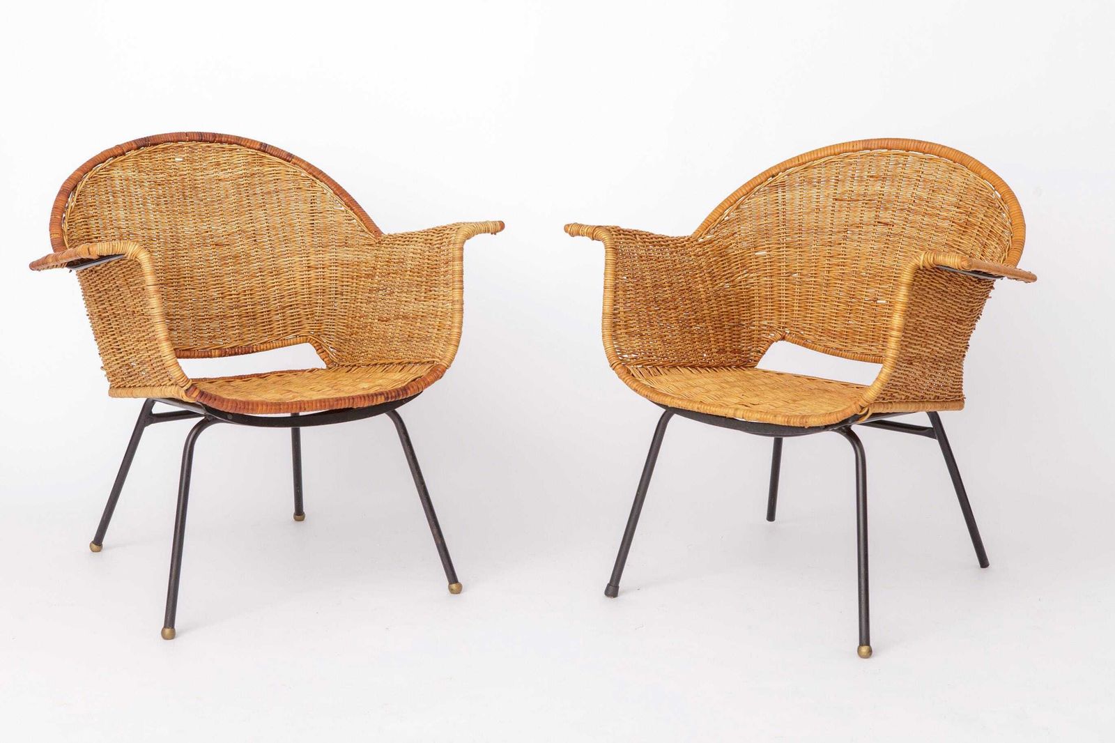 Vintage Basket Chairs Van Gianfranco Legler, Ca. Jaren 1950 | Set Van 3 Zwitserse Rotan Lounge Stoelen | Mid Century Modern photo for sale