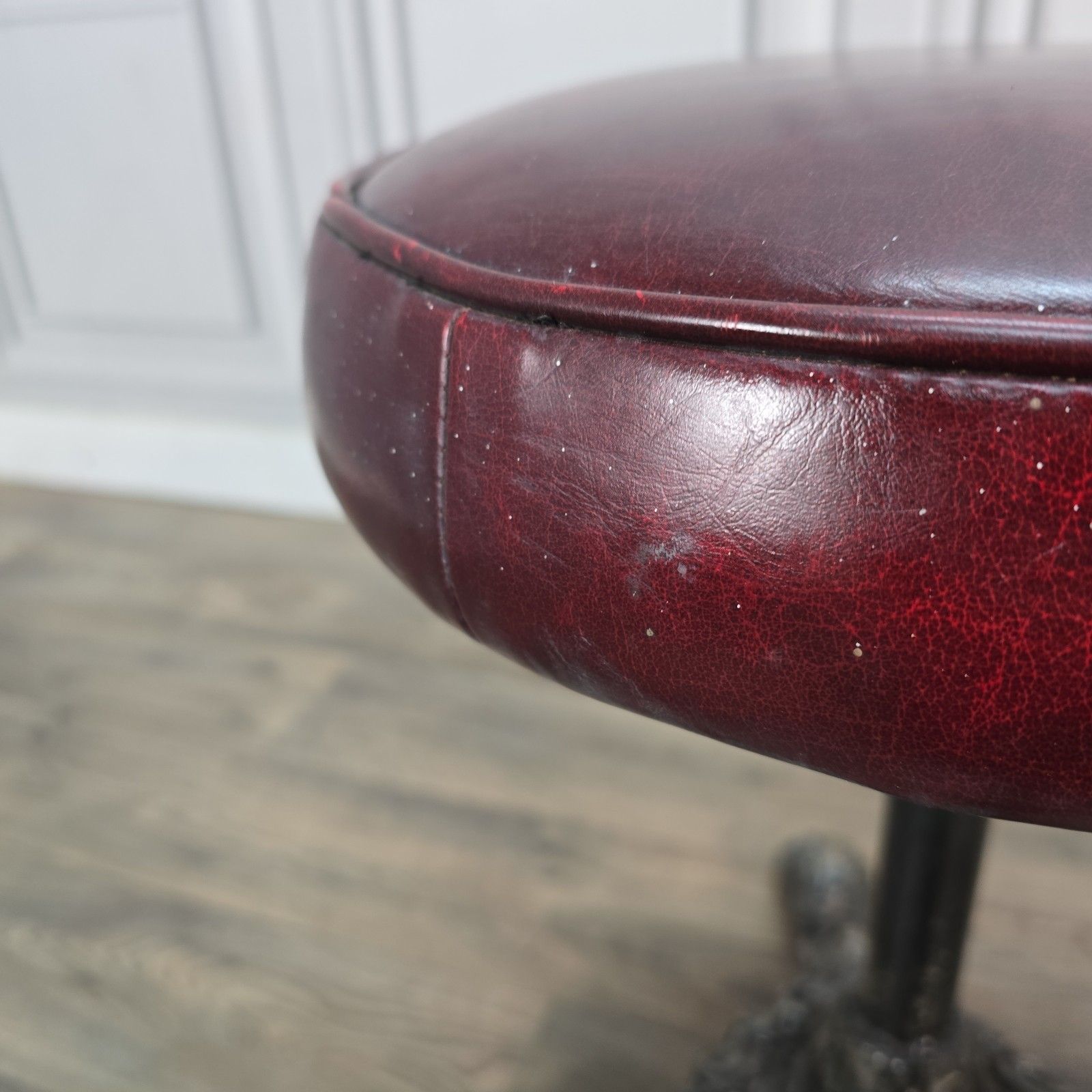 145.0 Antique Pub Stool Piano Seat Red Leather Vinyl Cast Iron Base Claw Feet photo